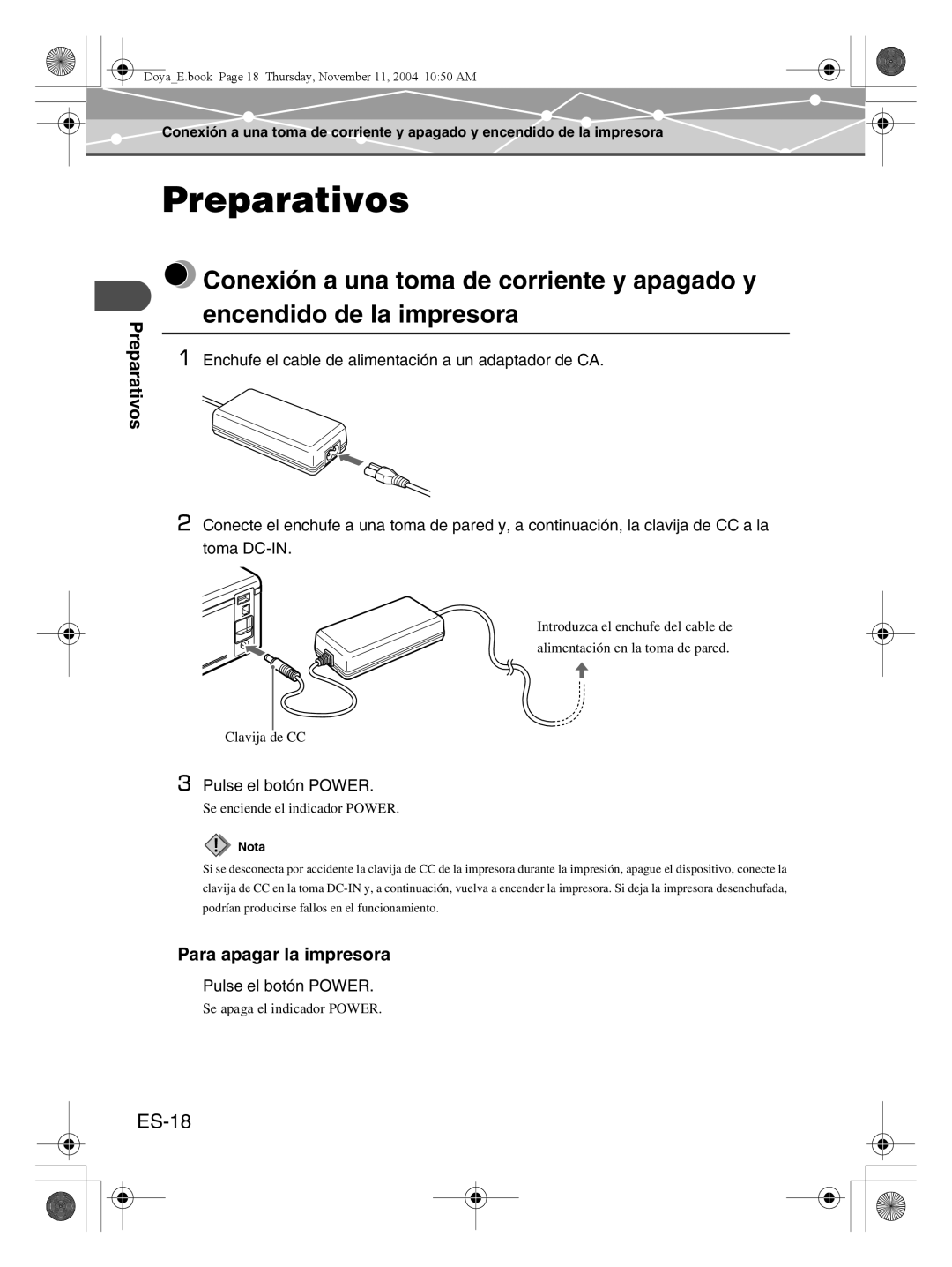 Olympus P-S100 user manual Preparativos, ES-18, Para apagar la impresora, Nota 