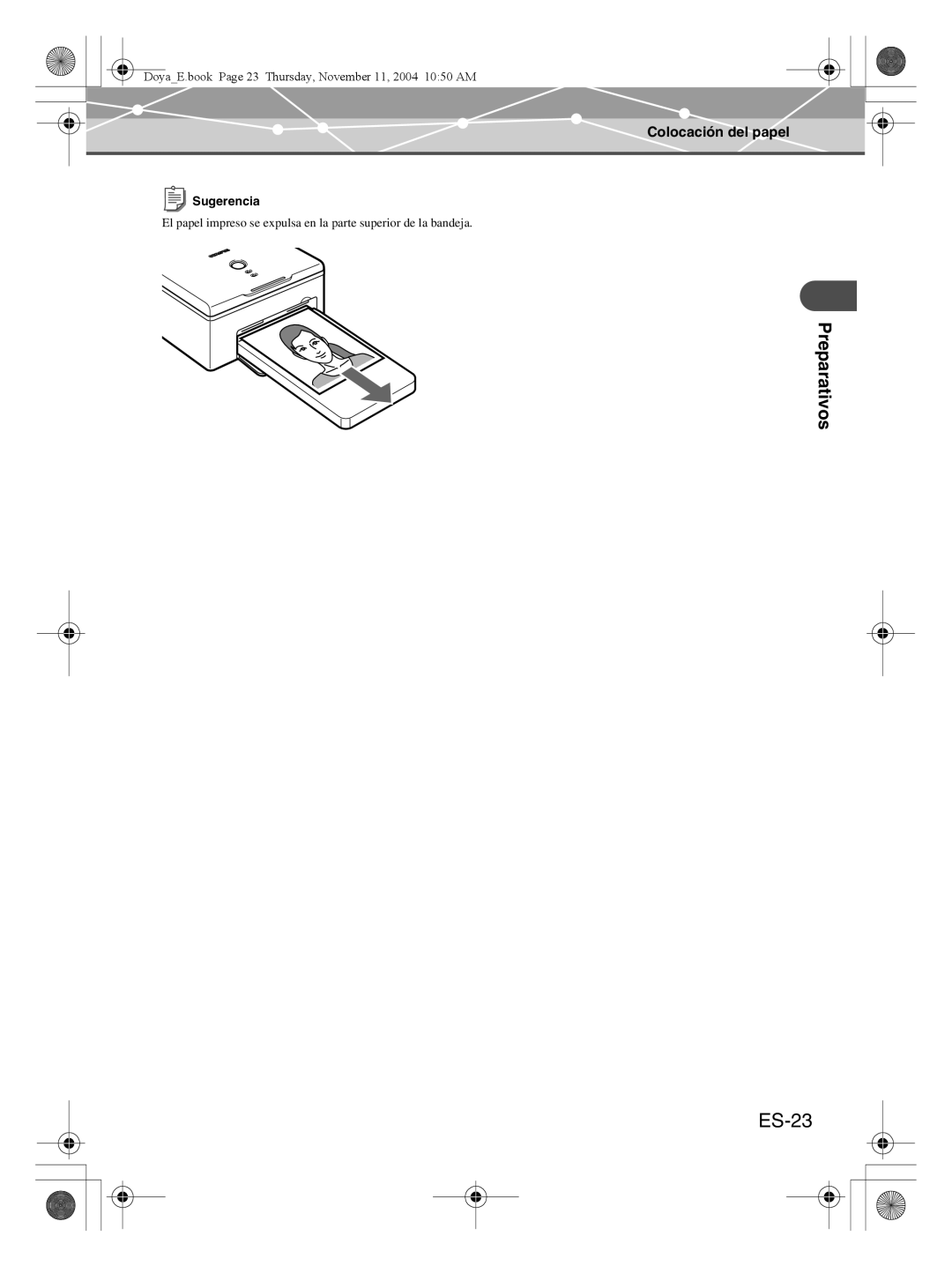 Olympus P-S100 user manual ES-23, Preparativos, Colocación del papel, Sugerencia 