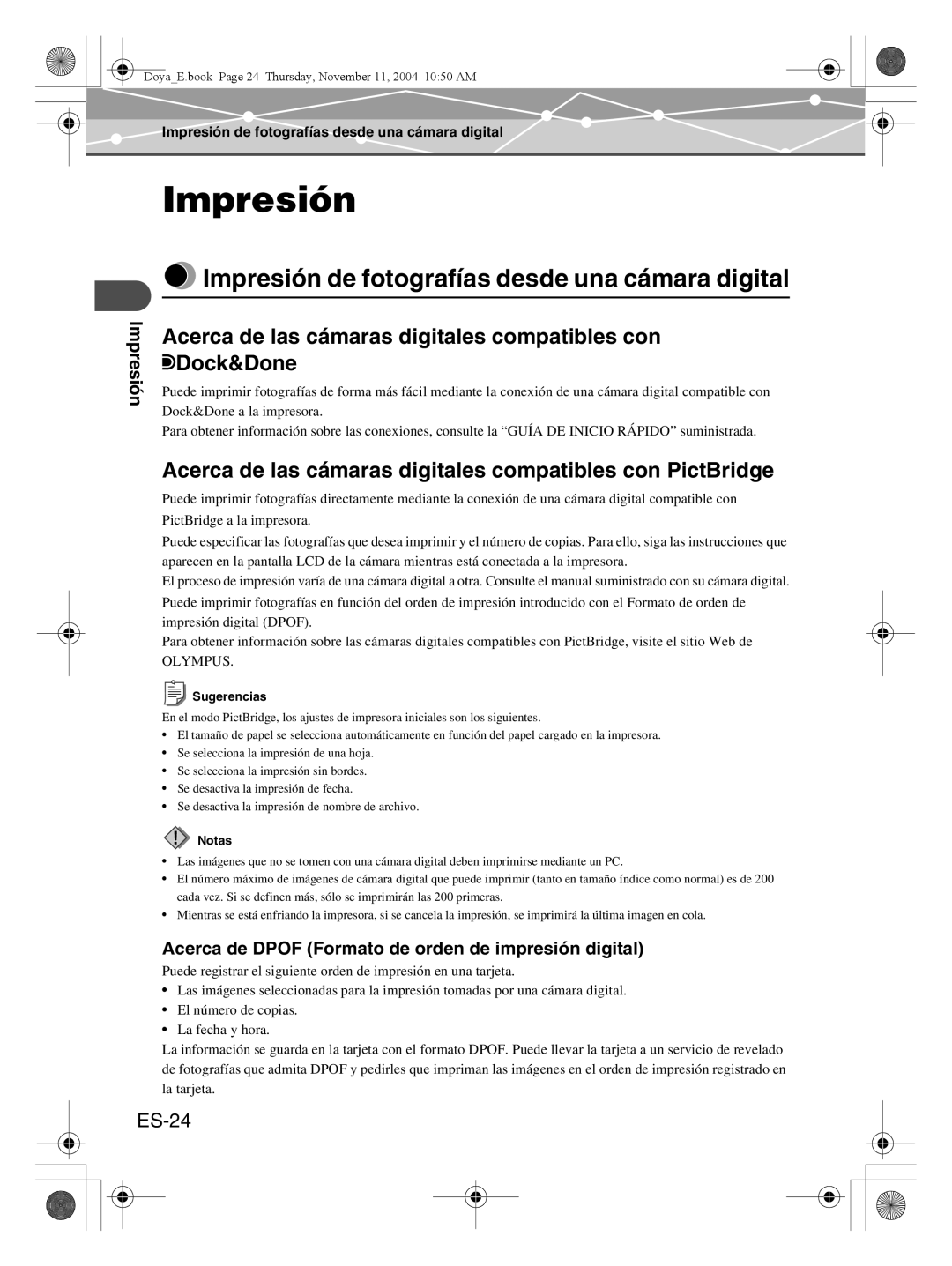 Olympus P-S100 user manual Impresión de fotografías desde una cámara digital, ES-24 