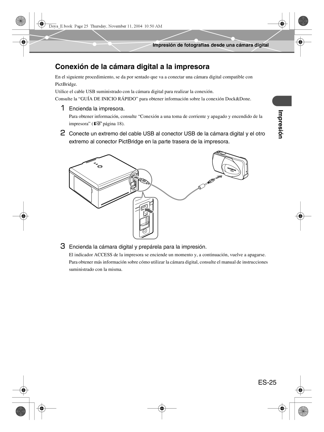 Olympus P-S100 user manual Conexión de la cámara digital a la impresora, ES-25, Impresión 