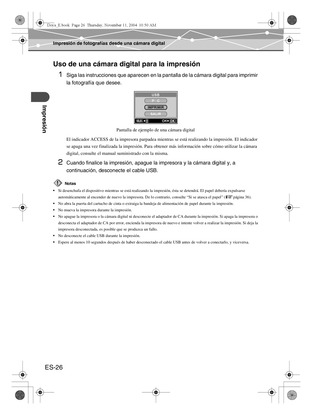 Olympus P-S100 user manual Uso de una cámara digital para la impresión, ES-26, Impresión 