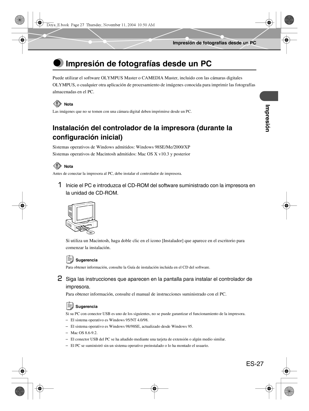 Olympus P-S100 user manual Impresión de fotografías desde un PC, ES-27 