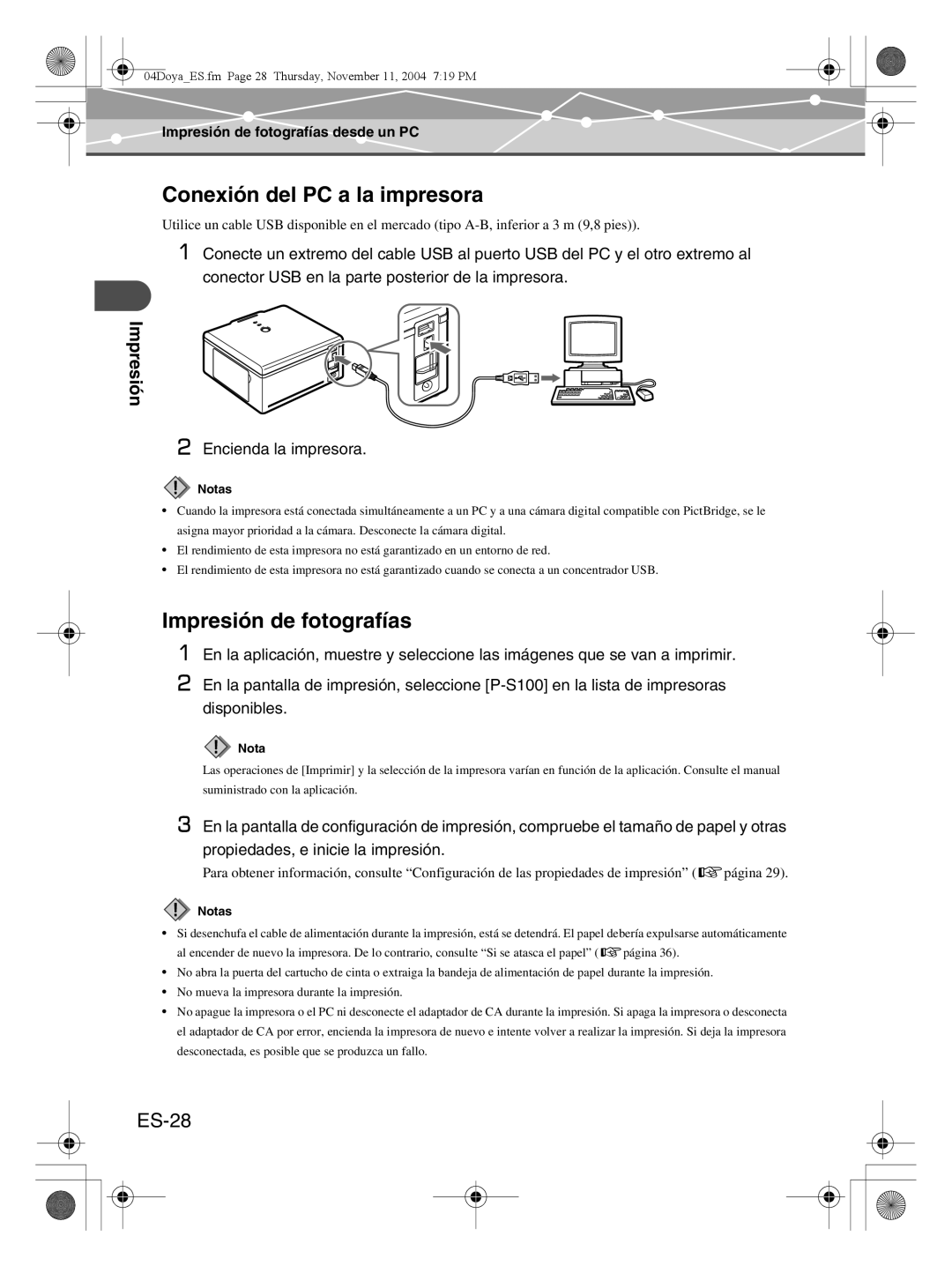 Olympus P-S100 user manual Conexión del PC a la impresora, Impresión de fotografías, ES-28 