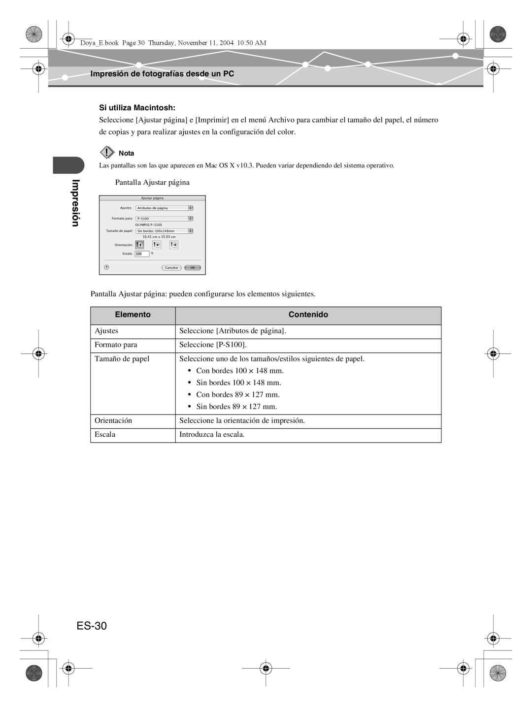 Olympus P-S100 user manual ES-30, Impresión de fotografías desde un PC, Si utiliza Macintosh, Elemento, Contenido 
