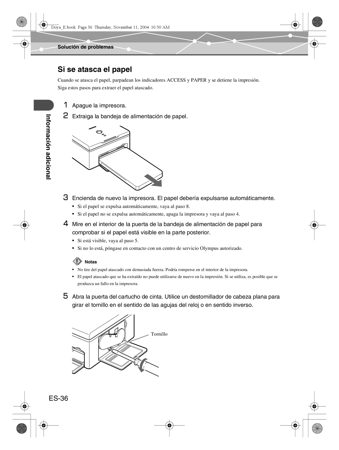 Olympus P-S100 user manual Si se atasca el papel, ES-36, Información adicional 