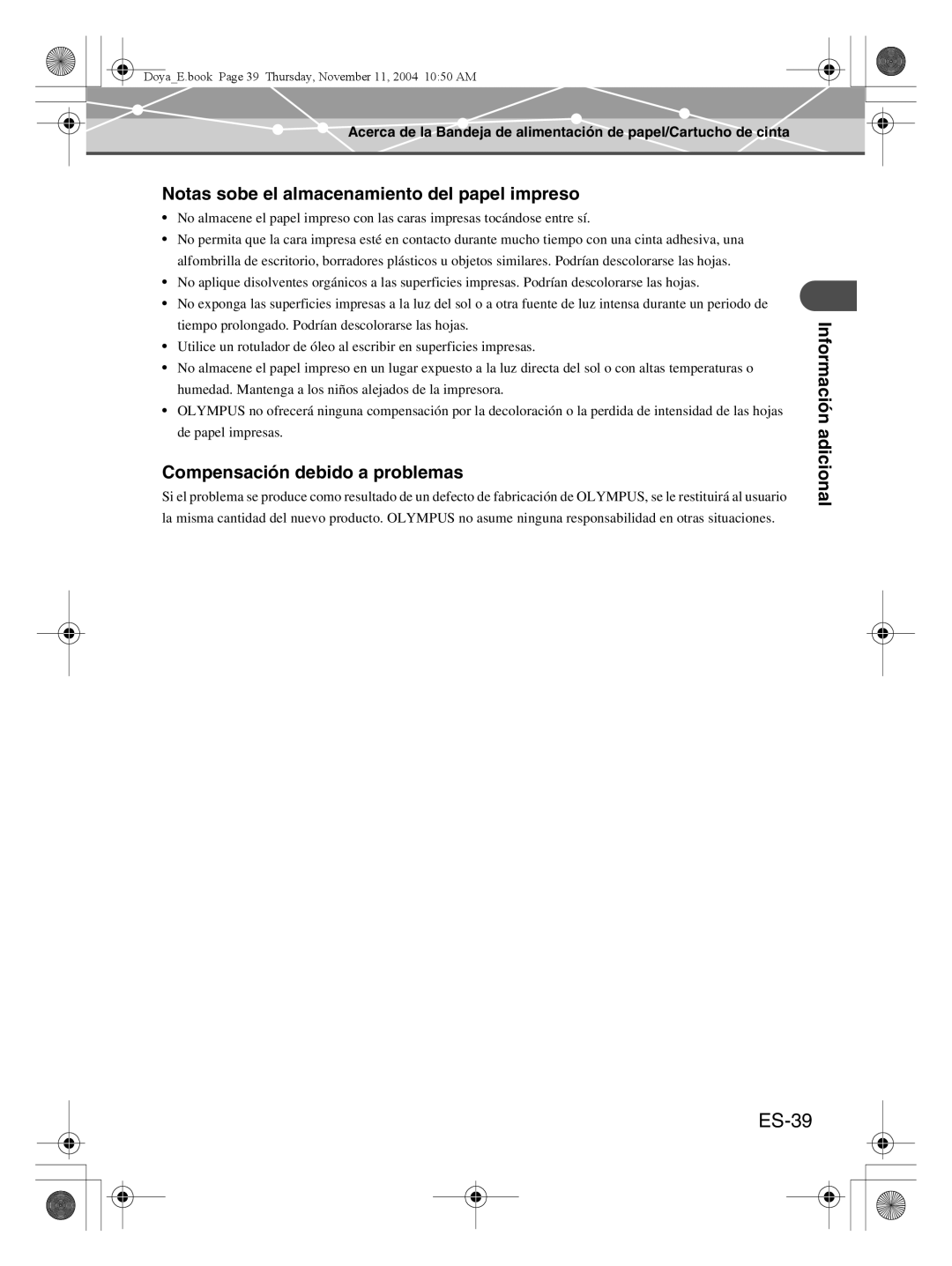 Olympus P-S100 user manual ES-39, Notas sobe el almacenamiento del papel impreso, Compensación debido a problemas 
