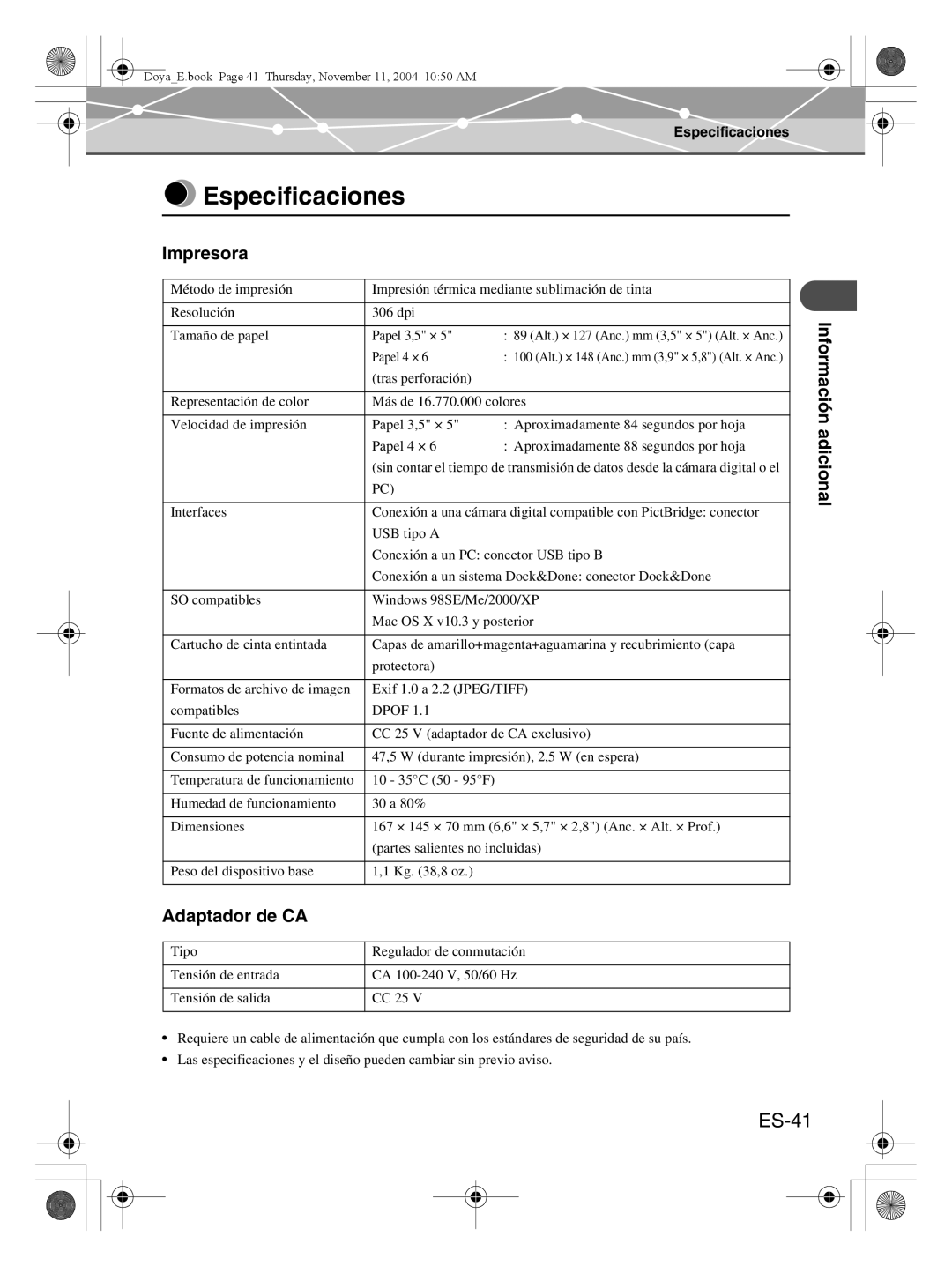 Olympus P-S100 user manual Especificaciones, ES-41, Impresora, Adaptador de CA 