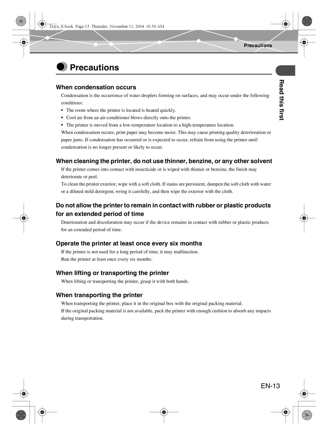 Olympus P-S100 user manual Precautions, EN-13, When condensation occurs, Operate the printer at least once every six months 