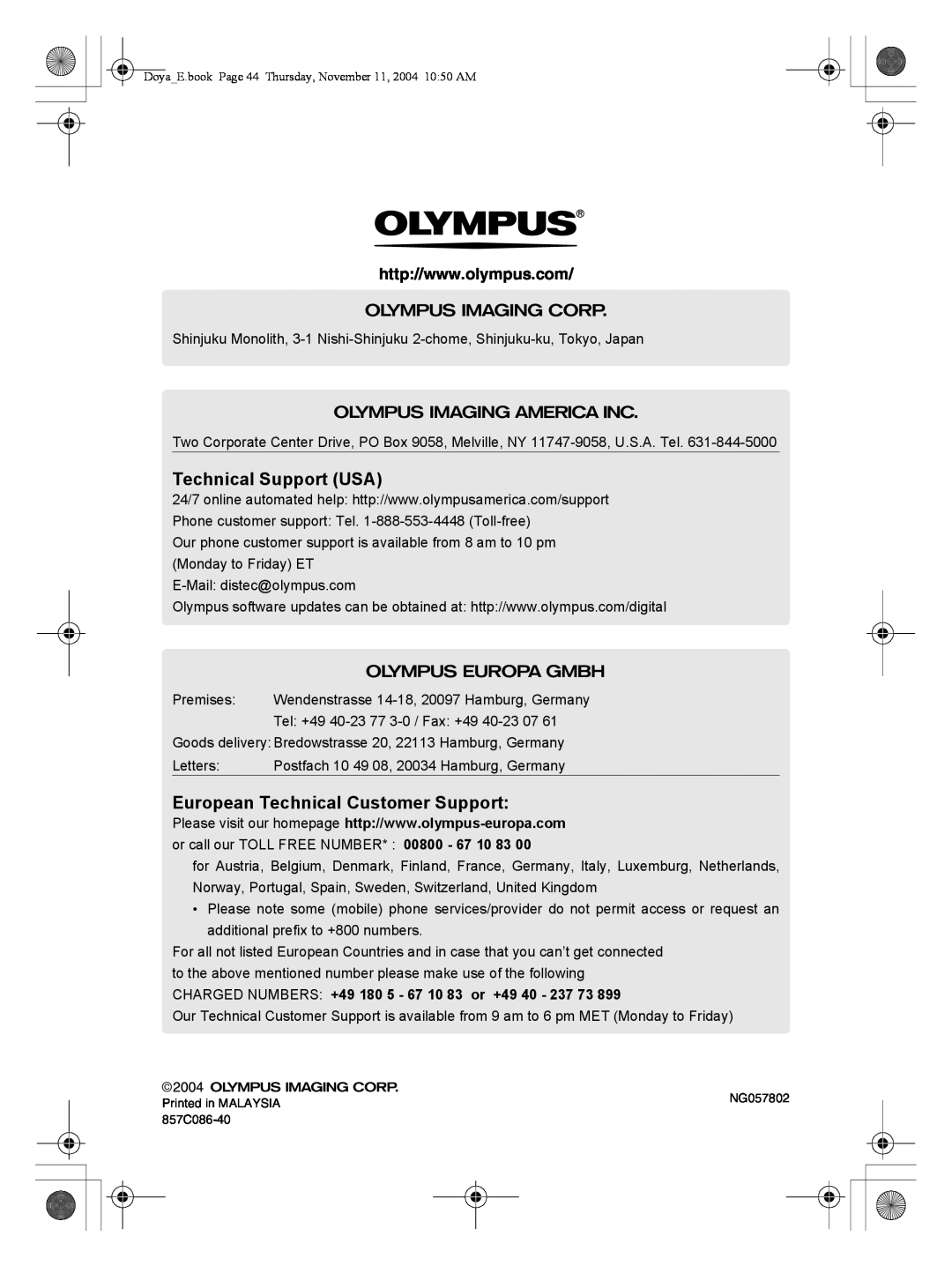 Olympus P-S100 user manual Technical Support USA, European Technical Customer Support 