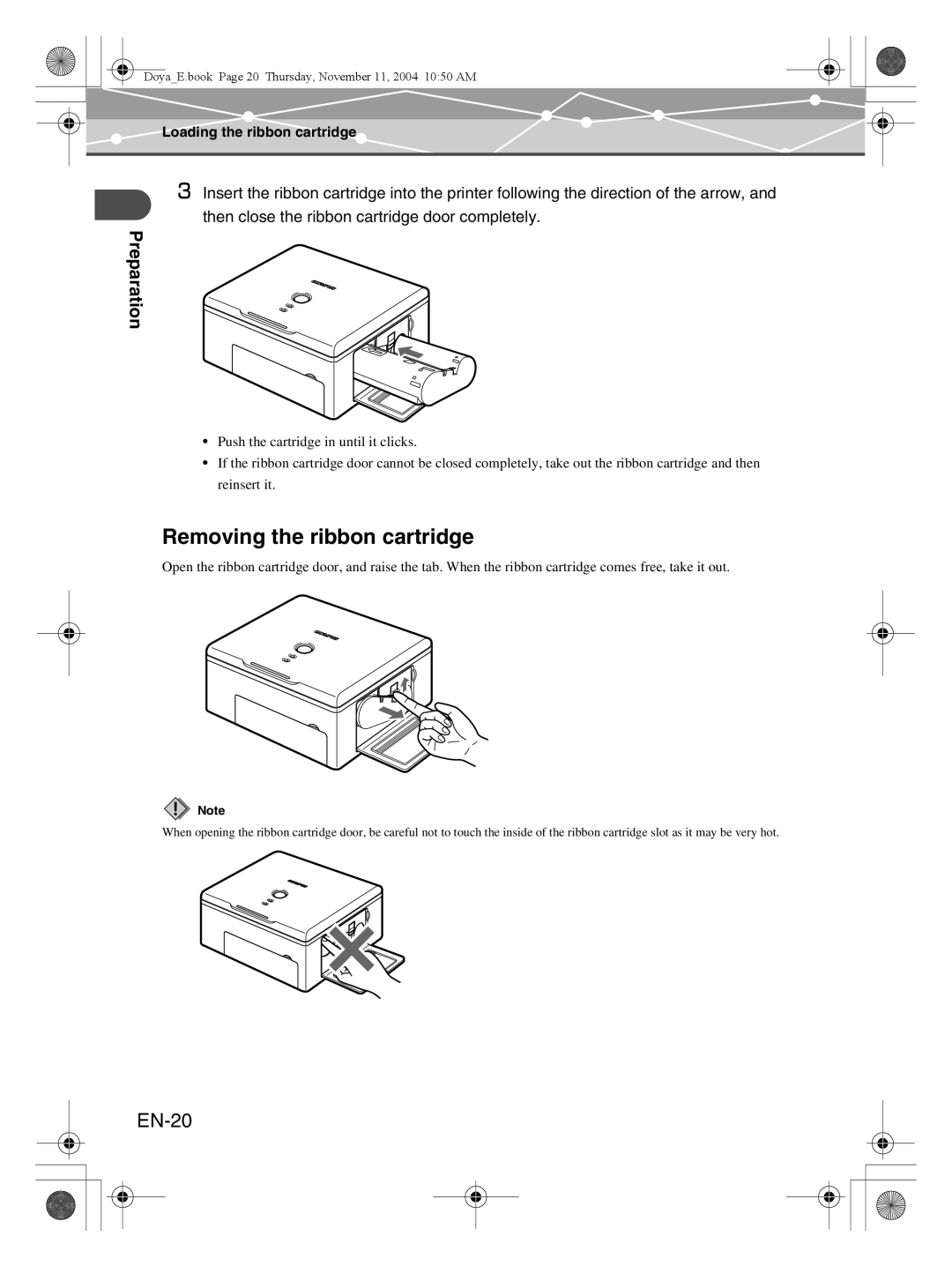Olympus P-S100 user manual Removing the ribbon cartridge, EN-20, Preparation, Loading the ribbon cartridge 