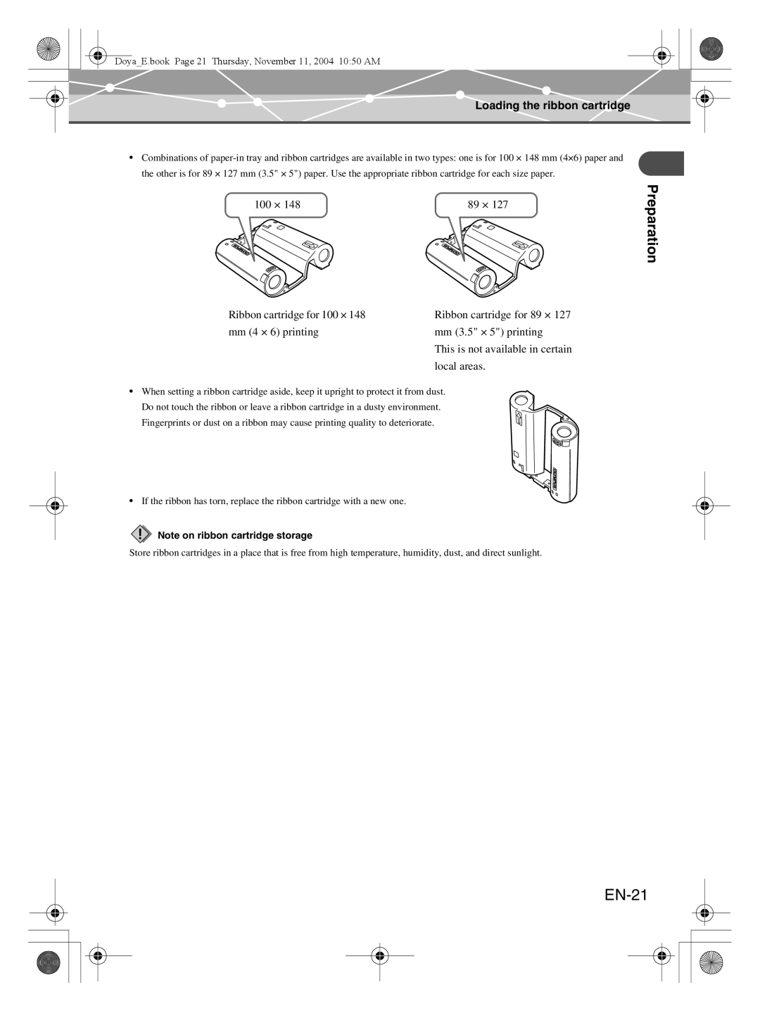 Olympus P-S100 user manual EN-21, Preparation, Loading the ribbon cartridge, 100 ×, Note on ribbon cartridge storage 
