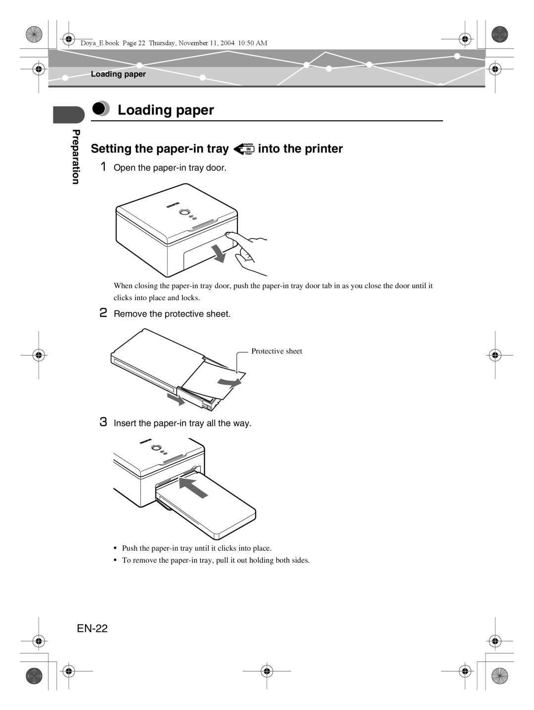Olympus P-S100 user manual Loading paper, Setting the paper-in tray into the printer, EN-22, Preparation 