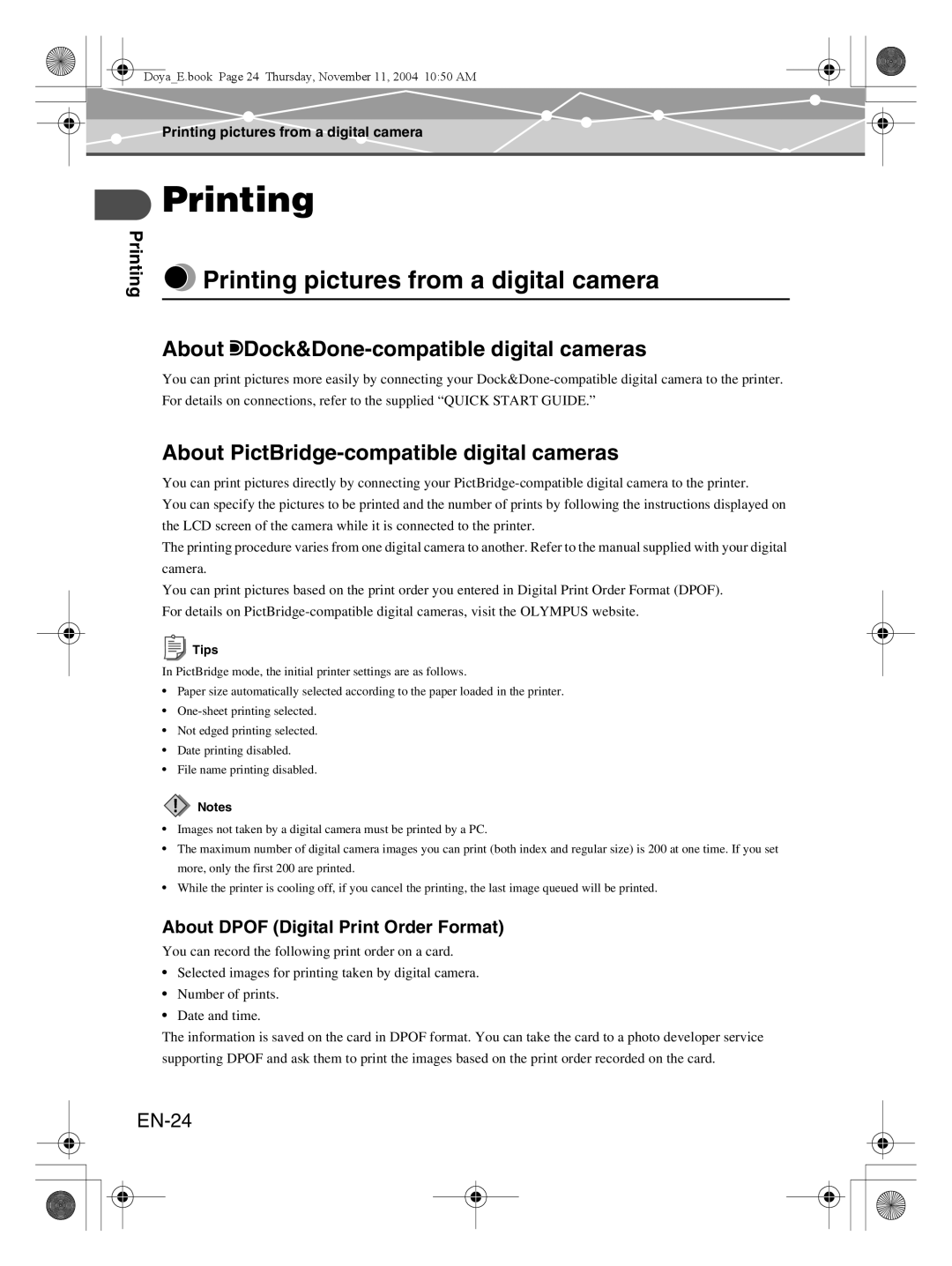 Olympus P-S100 user manual Printing pictures from a digital camera, About QDock&Done-compatible digital cameras, EN-24 