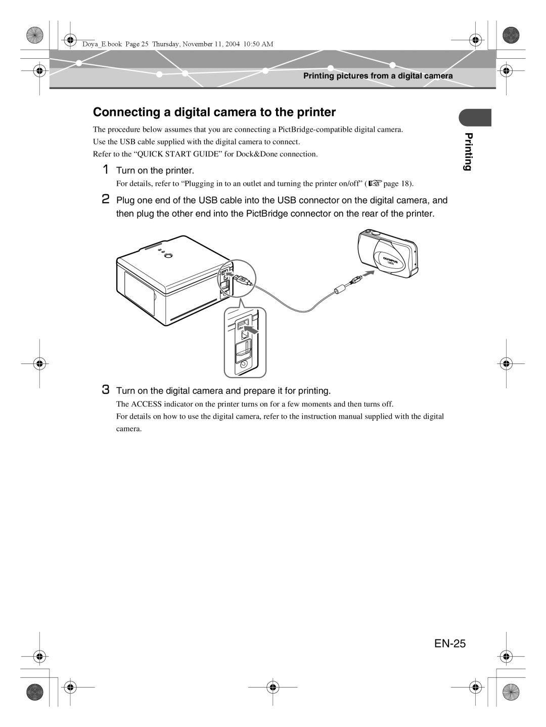 Olympus P-S100 user manual Connecting a digital camera to the printer, EN-25, Printing pictures from a digital camera 