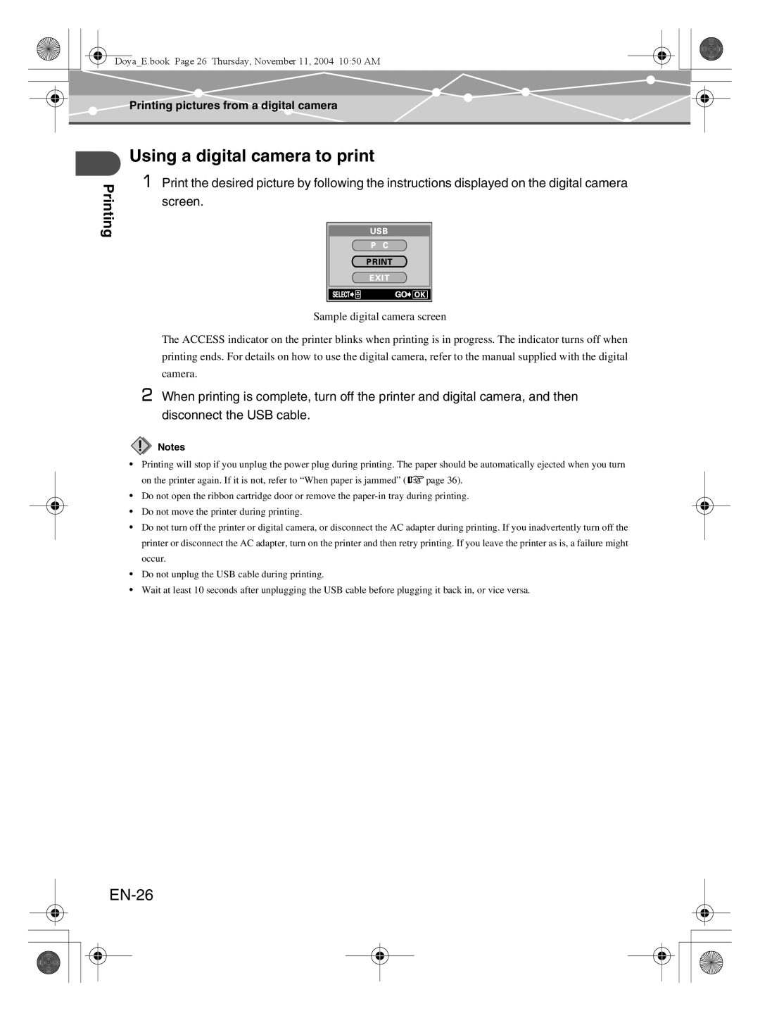 Olympus P-S100 user manual Using a digital camera to print, EN-26, Printing 