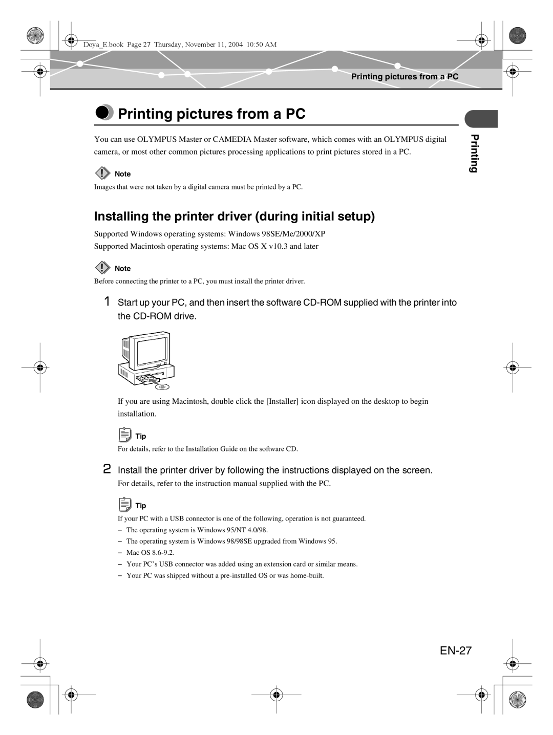 Olympus P-S100 user manual Printing pictures from a PC, Installing the printer driver during initial setup, EN-27 