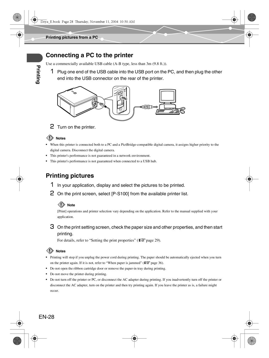 Olympus P-S100 user manual Connecting a PC to the printer, EN-28, Printing pictures from a PC 