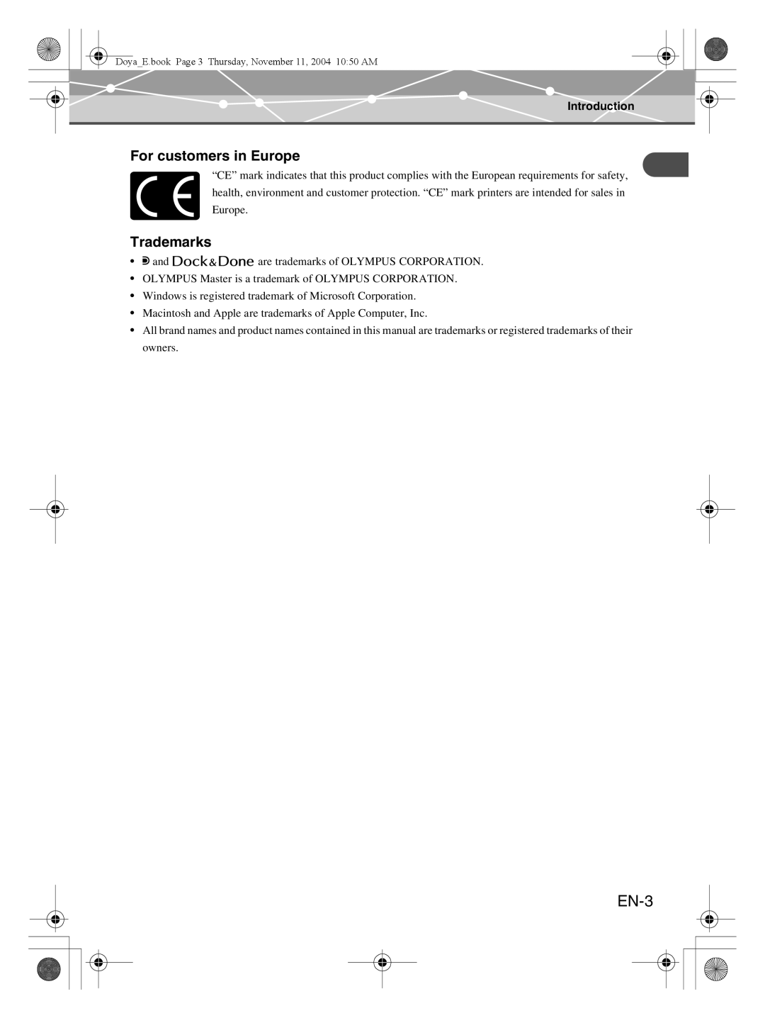 Olympus P-S100 user manual EN-3, For customers in Europe, Trademarks, Introduction 