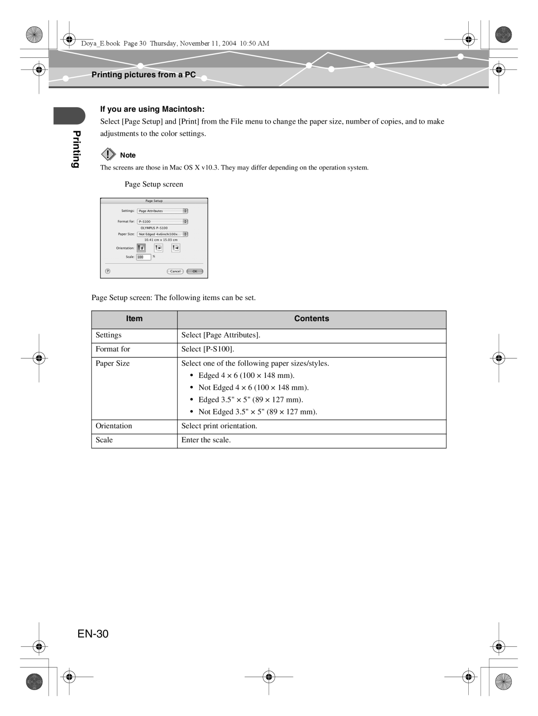 Olympus P-S100 user manual EN-30, Printing pictures from a PC, If you are using Macintosh, Contents 