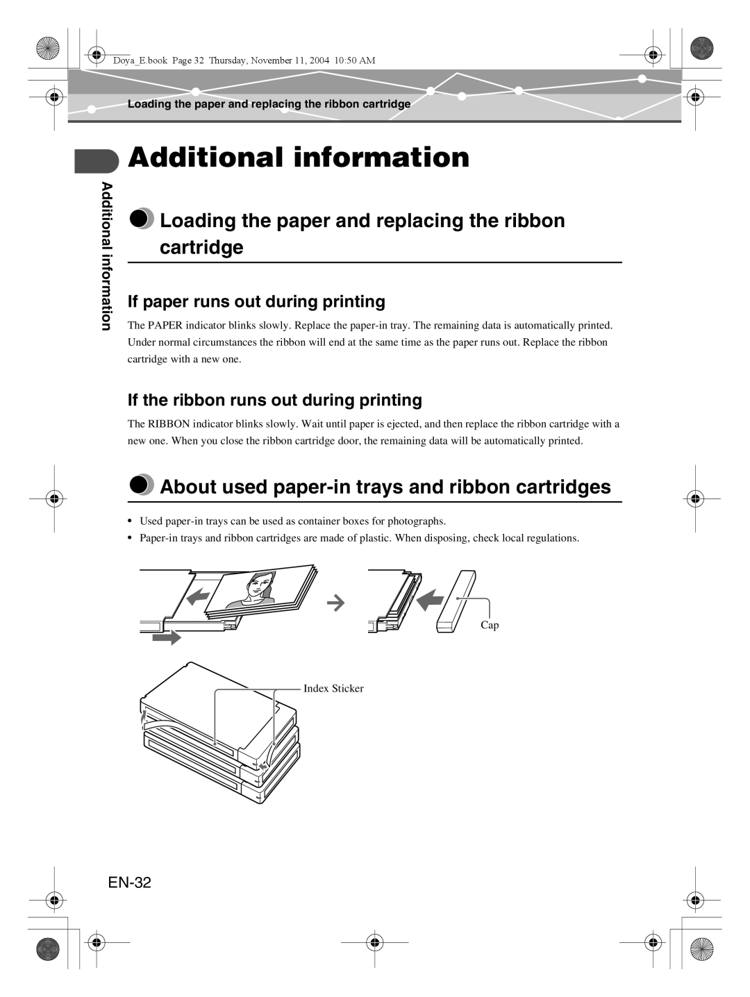 Olympus P-S100 user manual Additional information, Loading the paper and replacing the ribbon cartridge, EN-32 