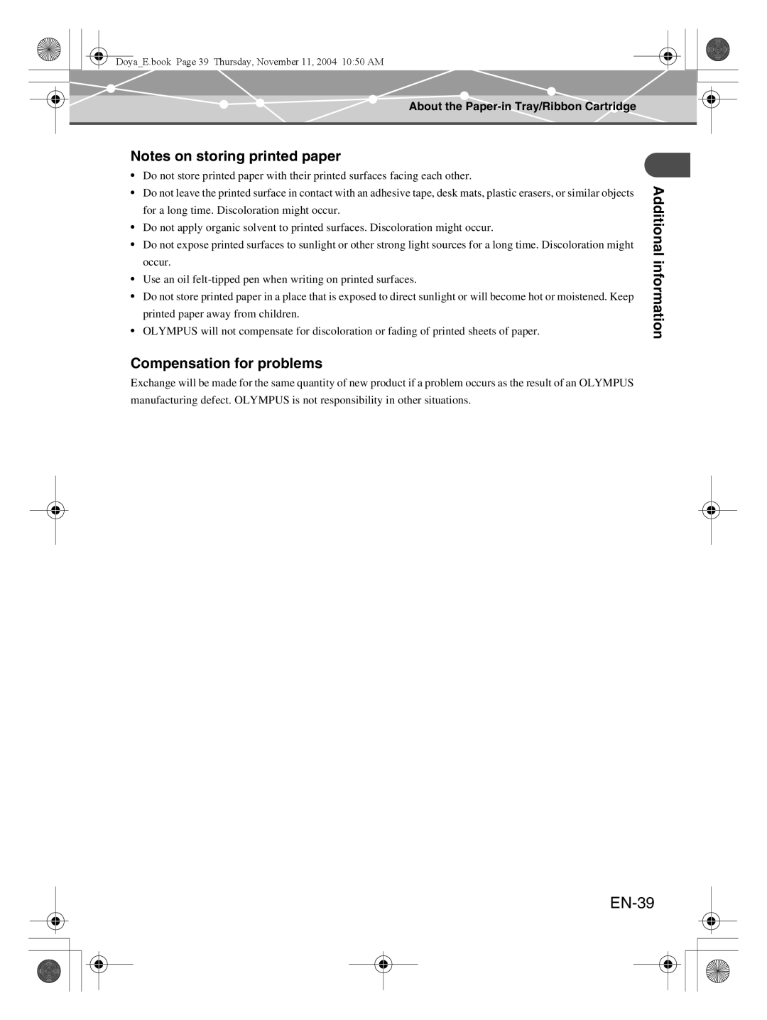 Olympus P-S100 user manual EN-39, Notes on storing printed paper, Compensation for problems, Additional information 