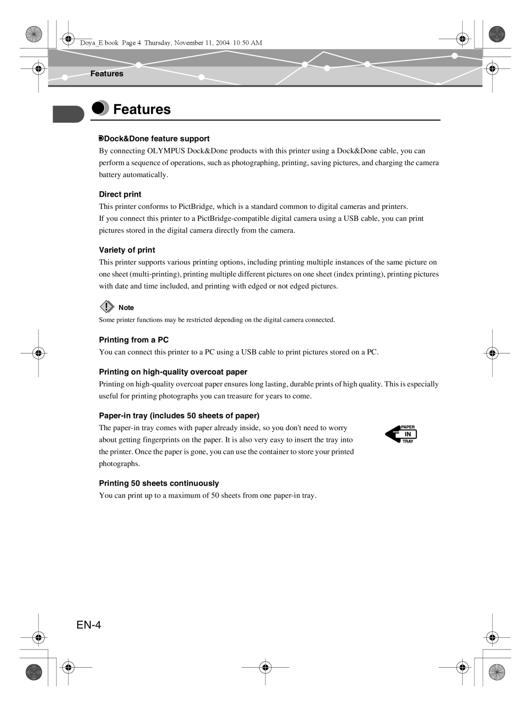 Olympus P-S100 user manual Features, EN-4, QDock&Done feature support, Direct print, Variety of print, Printing from a PC 