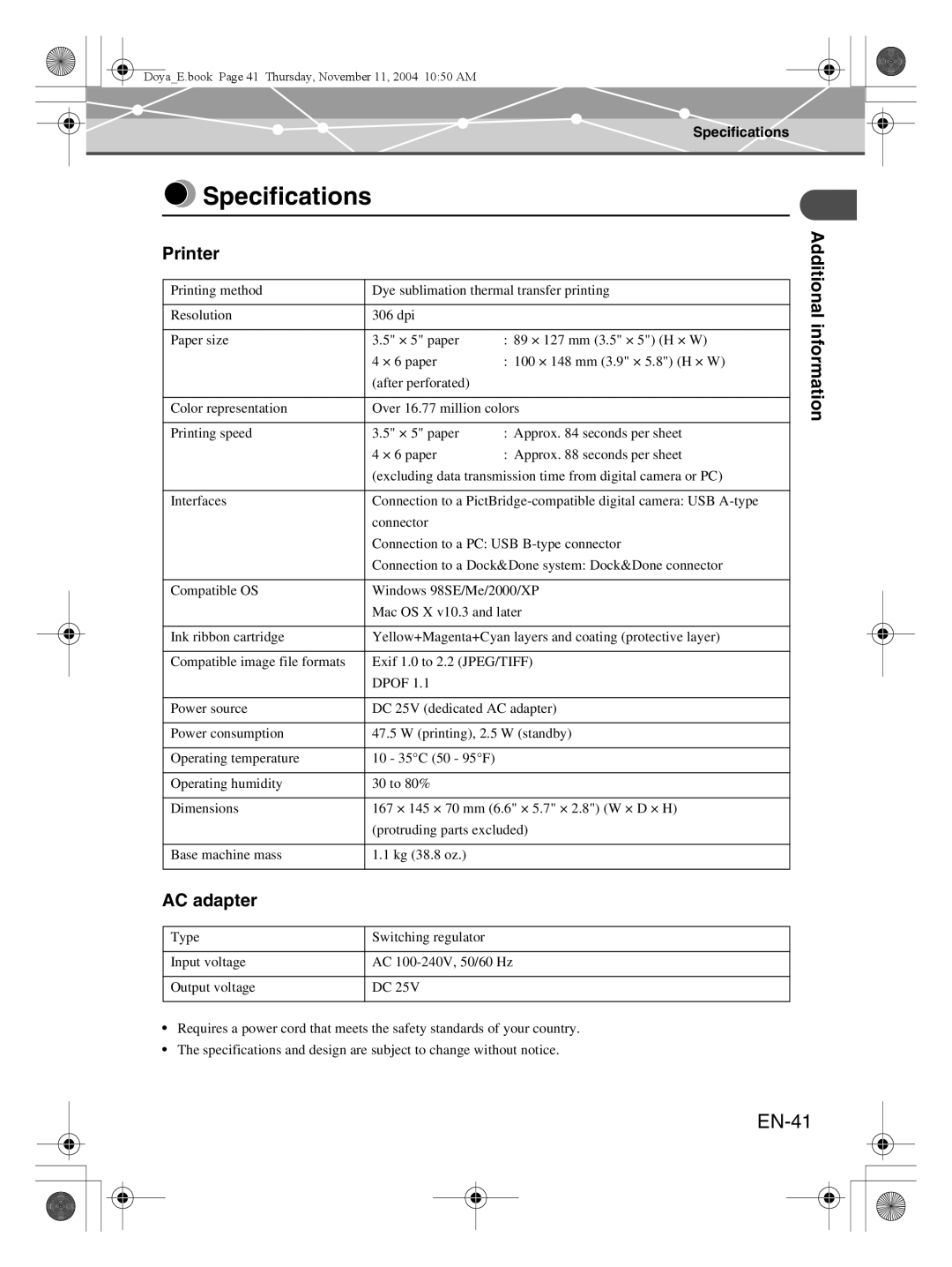 Olympus P-S100 user manual Specifications, EN-41, Printer, AC adapter, Additional information 