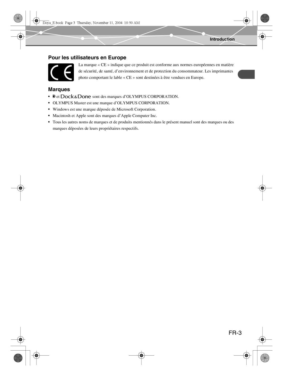 Olympus P-S100 user manual FR-3, Pour les utilisateurs en Europe, Marques, Introduction 