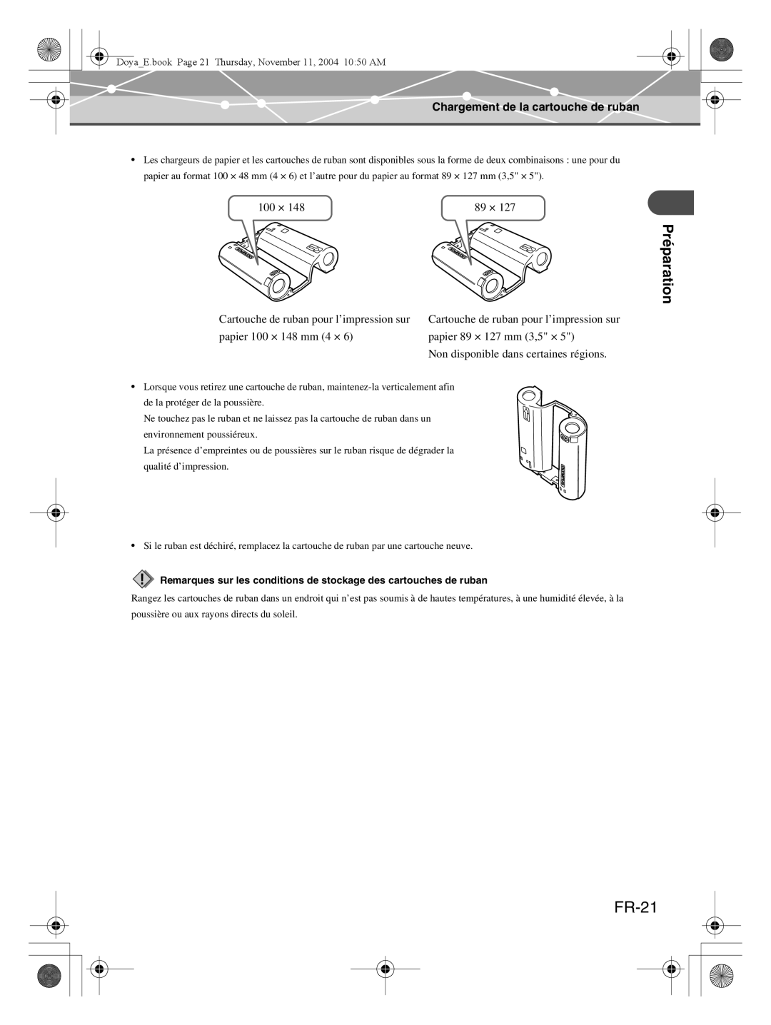 Olympus P-S100 user manual FR-21, Préparation, Chargement de la cartouche de ruban, 100 × 
