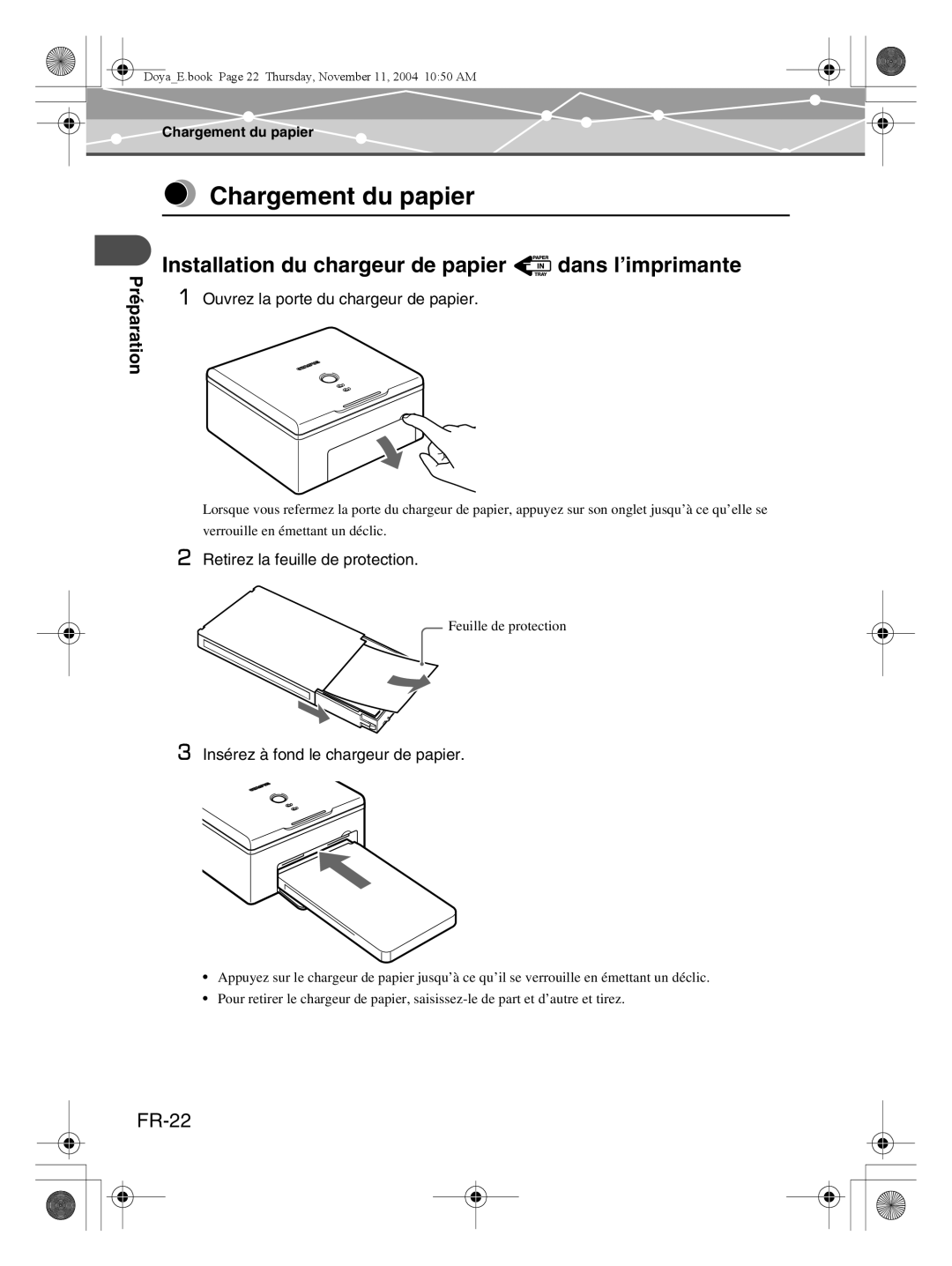 Olympus P-S100 user manual Chargement du papier, Installation du chargeur de papier dans l’imprimante, FR-22, Préparation 