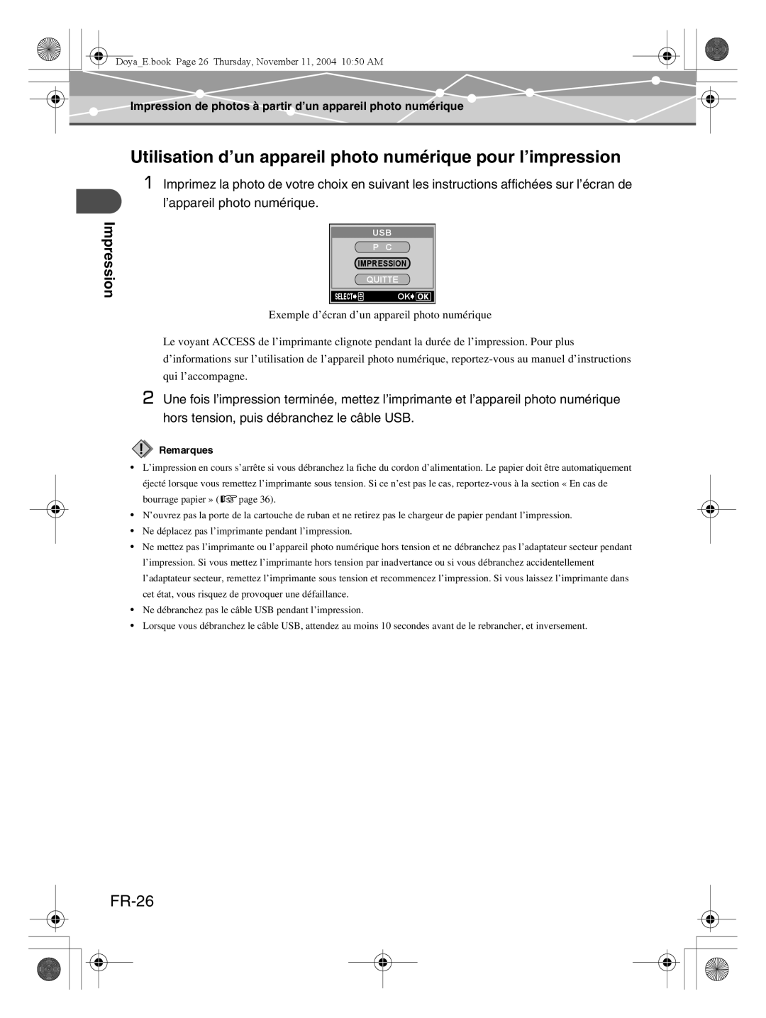 Olympus P-S100 user manual Utilisation d’un appareil photo numérique pour l’impression, FR-26, Impression 