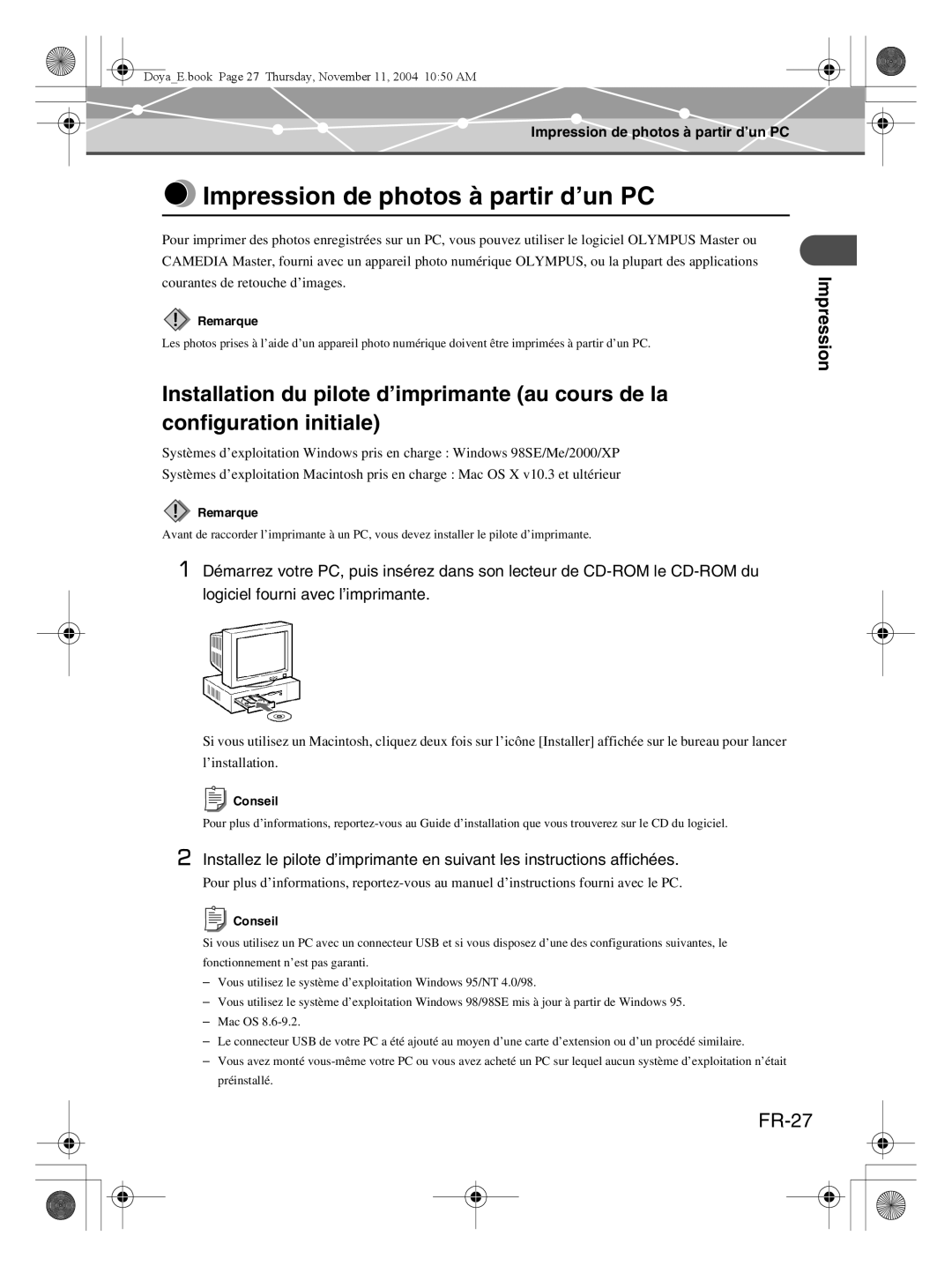 Olympus P-S100 user manual Impression de photos à partir d’un PC, FR-27 