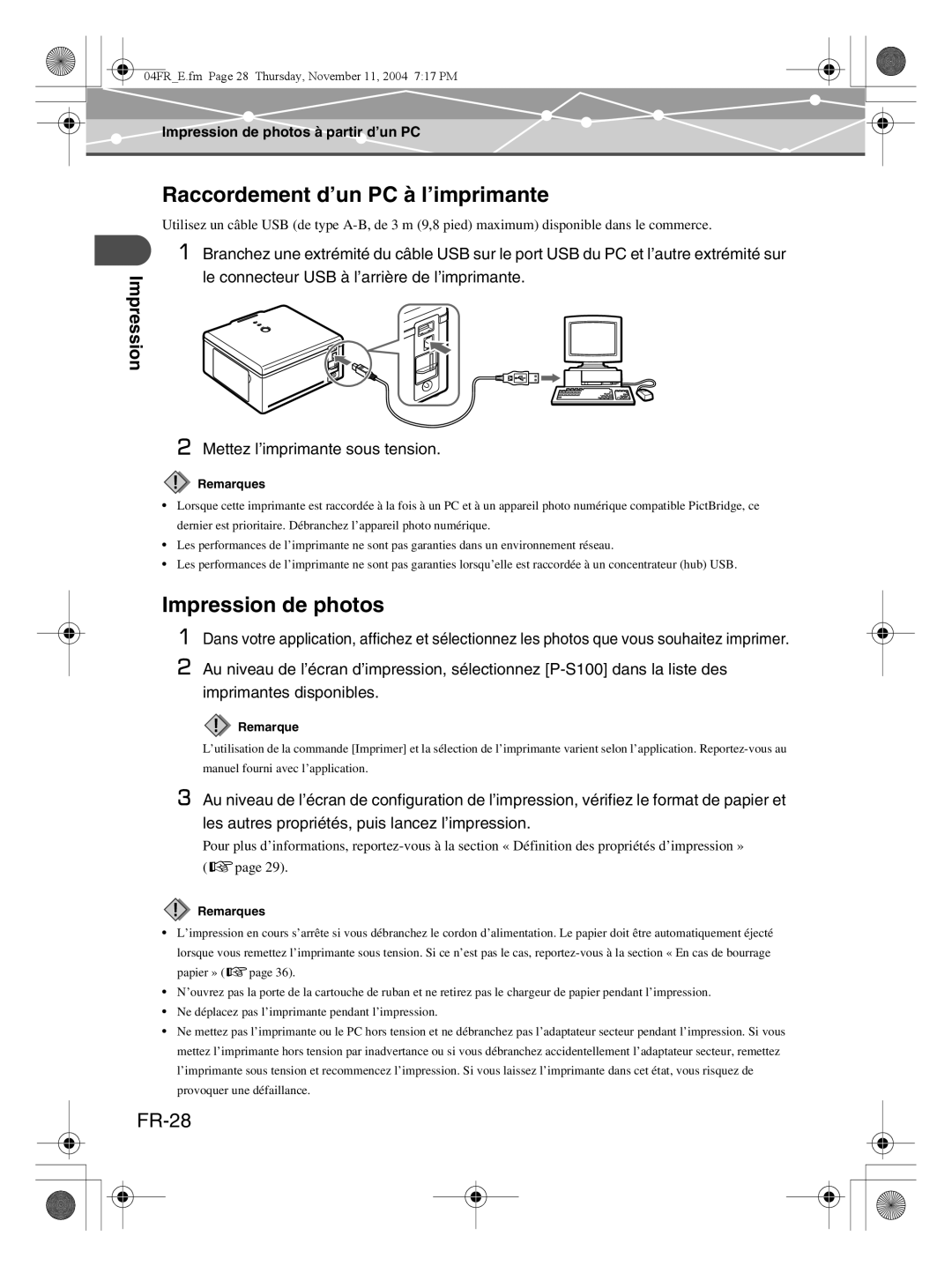 Olympus P-S100 user manual Raccordement d’un PC à l’imprimante, Impression de photos, FR-28 