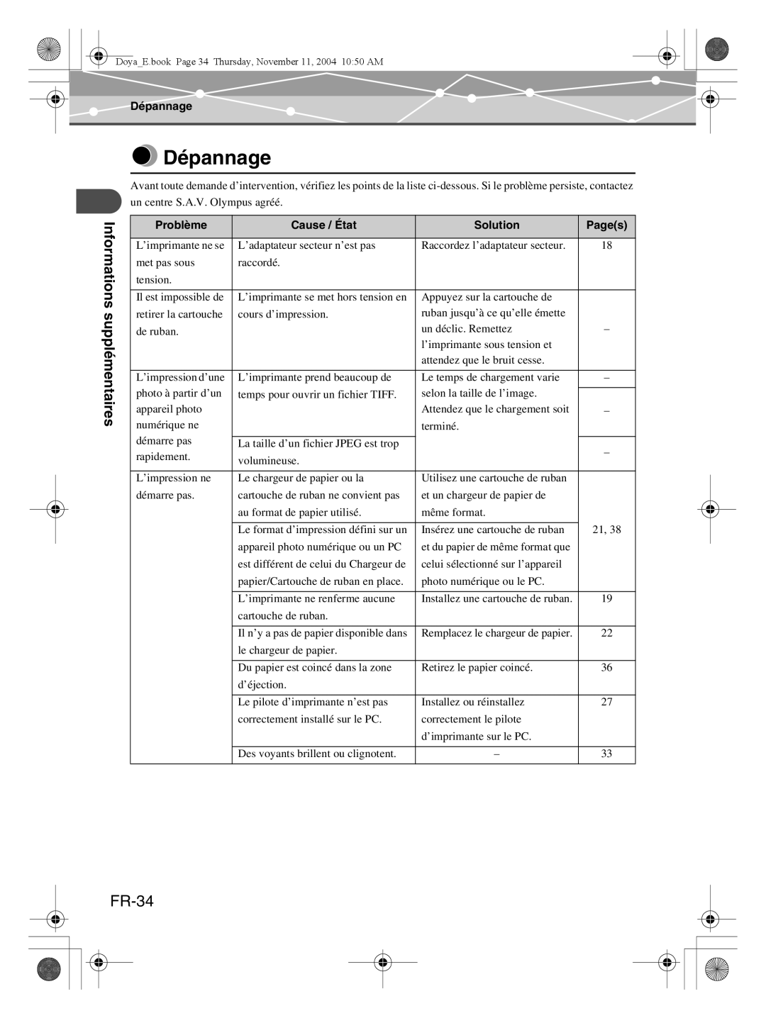 Olympus P-S100 user manual Dépannage, FR-34, Problème, Cause / État, Solution, Pages 