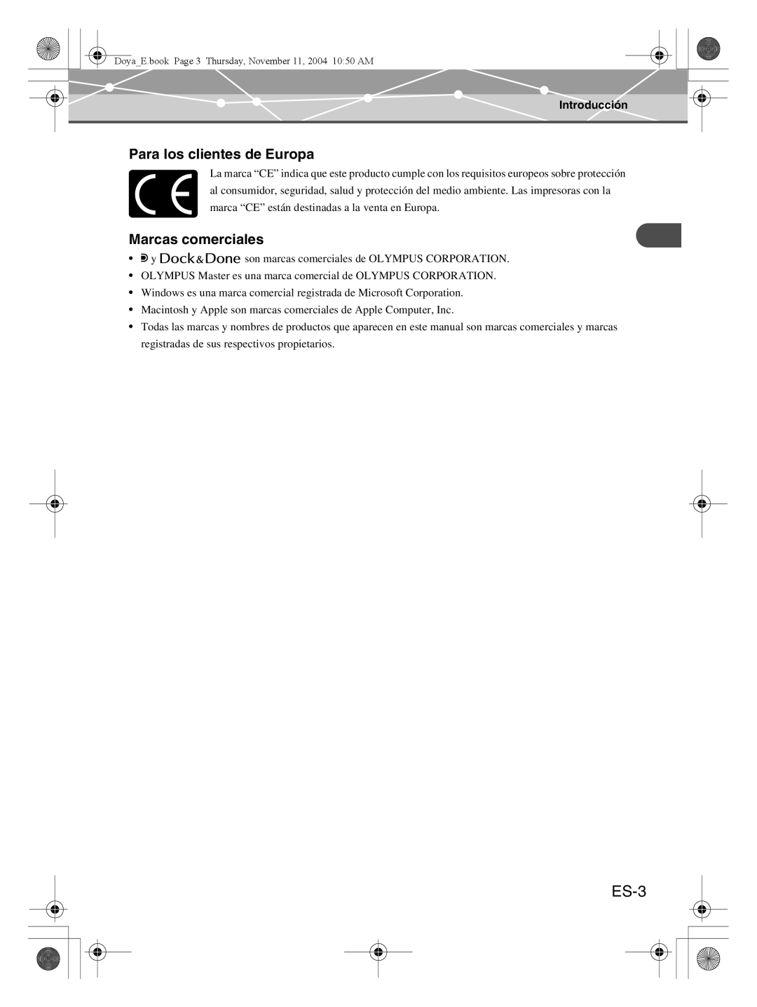 Olympus P-S100 user manual ES-3, Para los clientes de Europa, Marcas comerciales, Introducción 