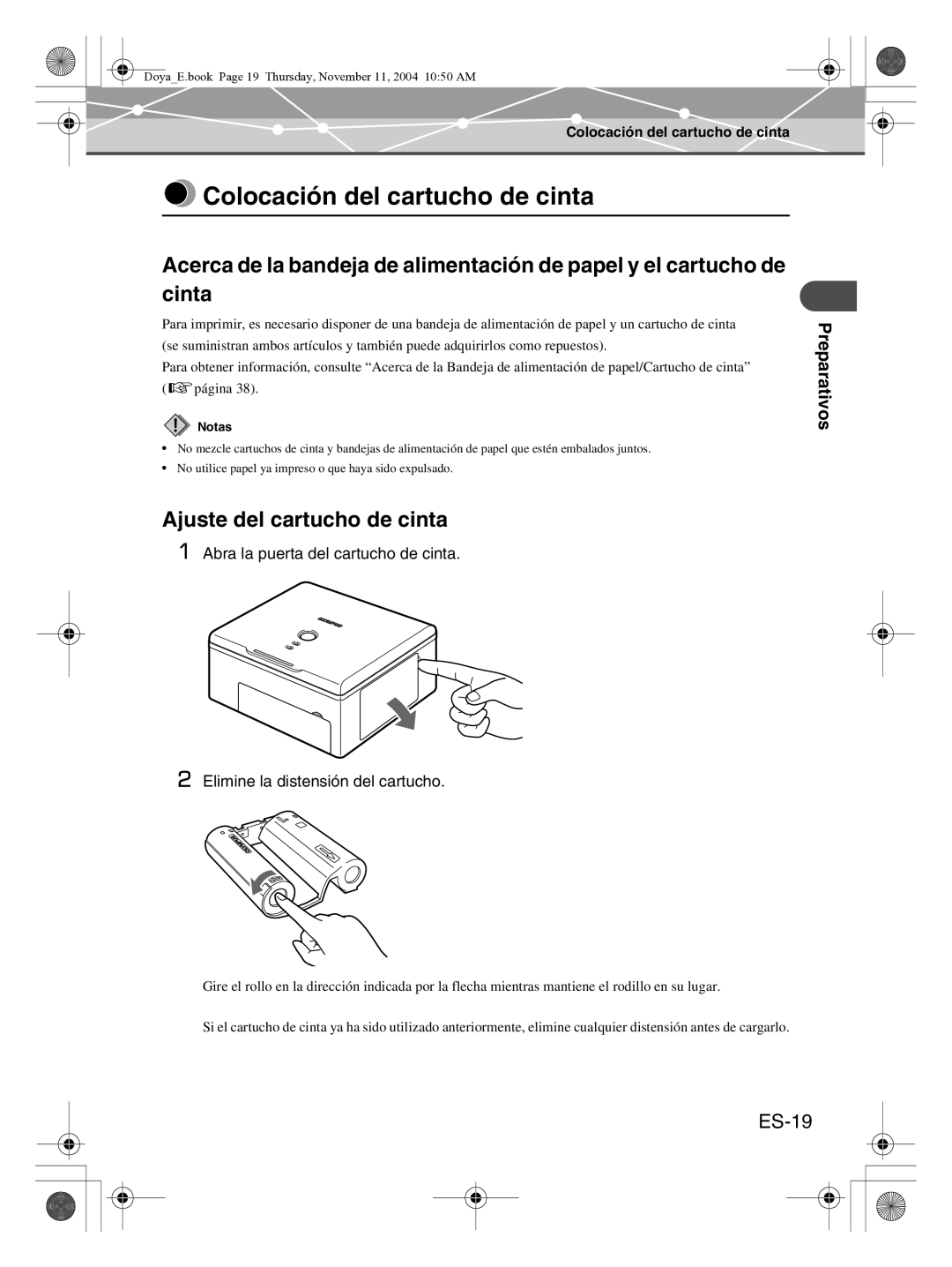 Olympus P-S100 user manual Colocación del cartucho de cinta, Ajuste del cartucho de cinta, ES-19 