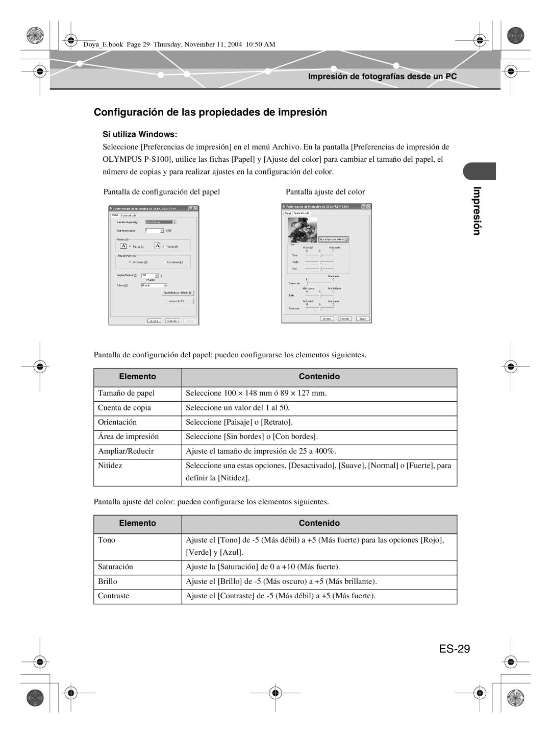 Olympus P-S100 user manual ES-29, Configuración de las propiedades de impresión, Si utiliza Windows, Elemento Contenido 