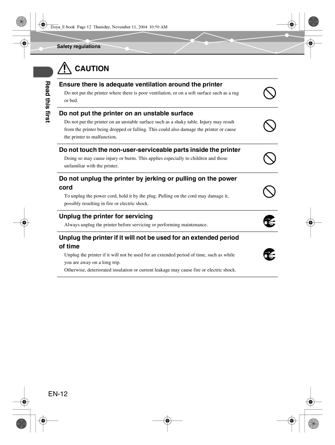 Olympus P-S100 user manual EN-12, Do not put the printer on an unstable surface, Unplug the printer for servicing 