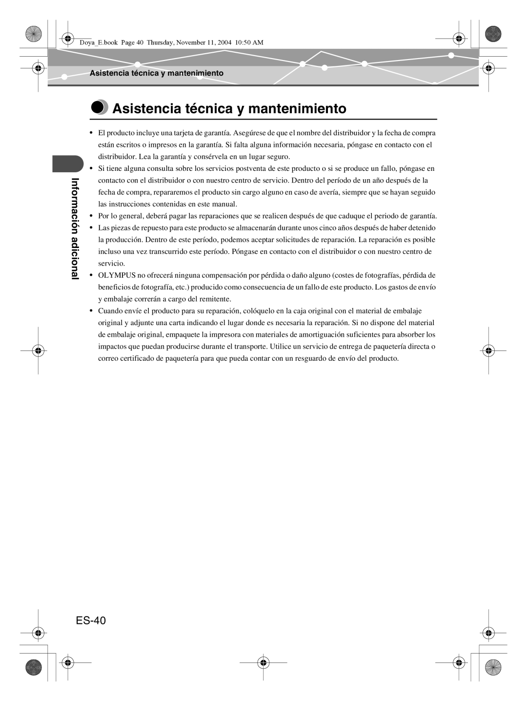 Olympus P-S100 user manual Asistencia técnica y mantenimiento, ES-40 