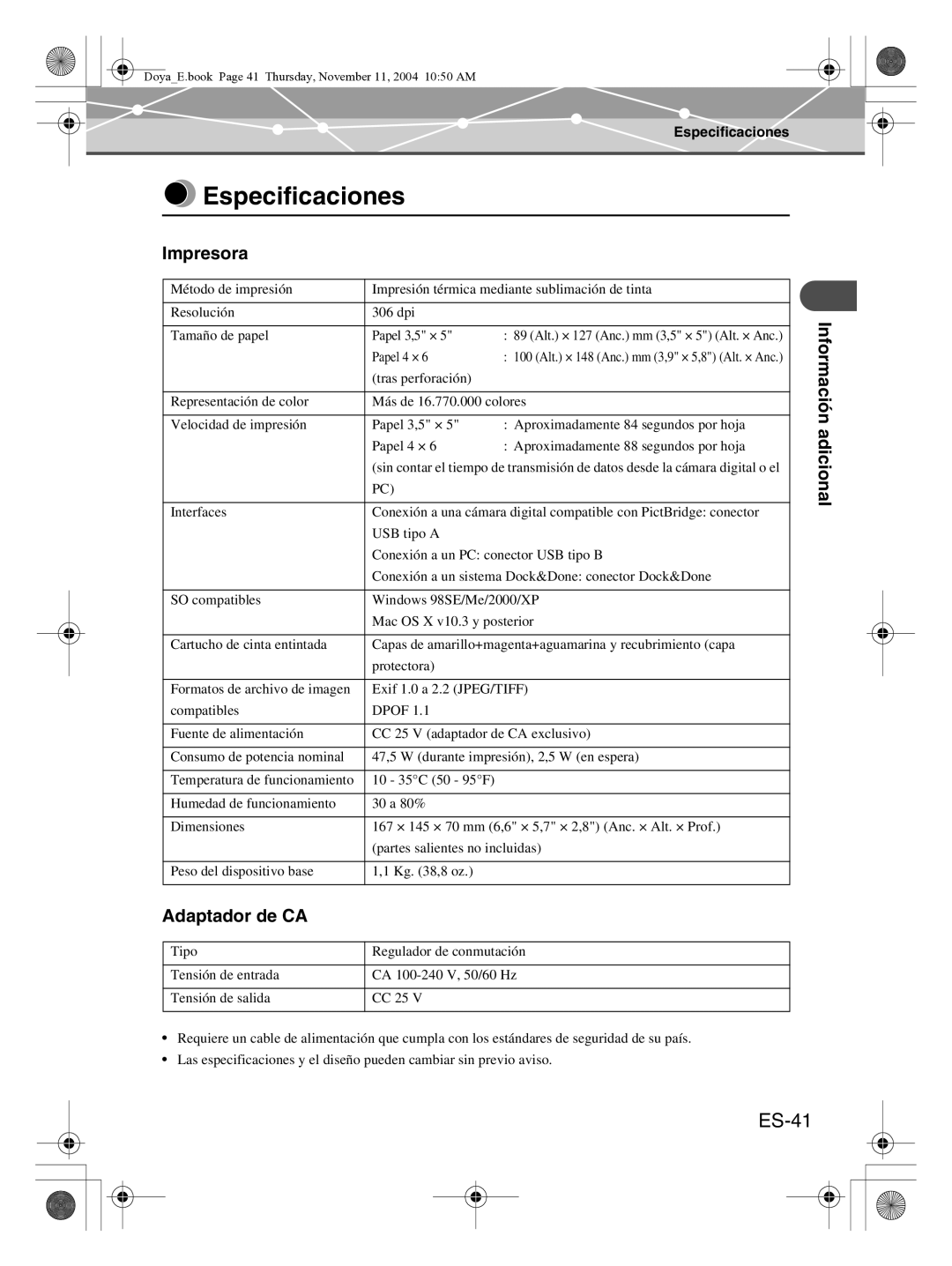 Olympus P-S100 user manual Especificaciones, ES-41, Impresora, Adaptador de CA 