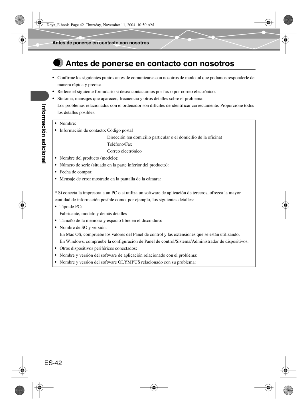 Olympus P-S100 user manual Antes de ponerse en contacto con nosotros, ES-42 