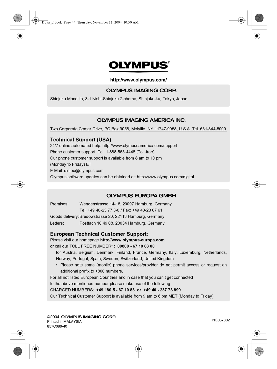 Olympus P-S100 user manual Technical Support USA 