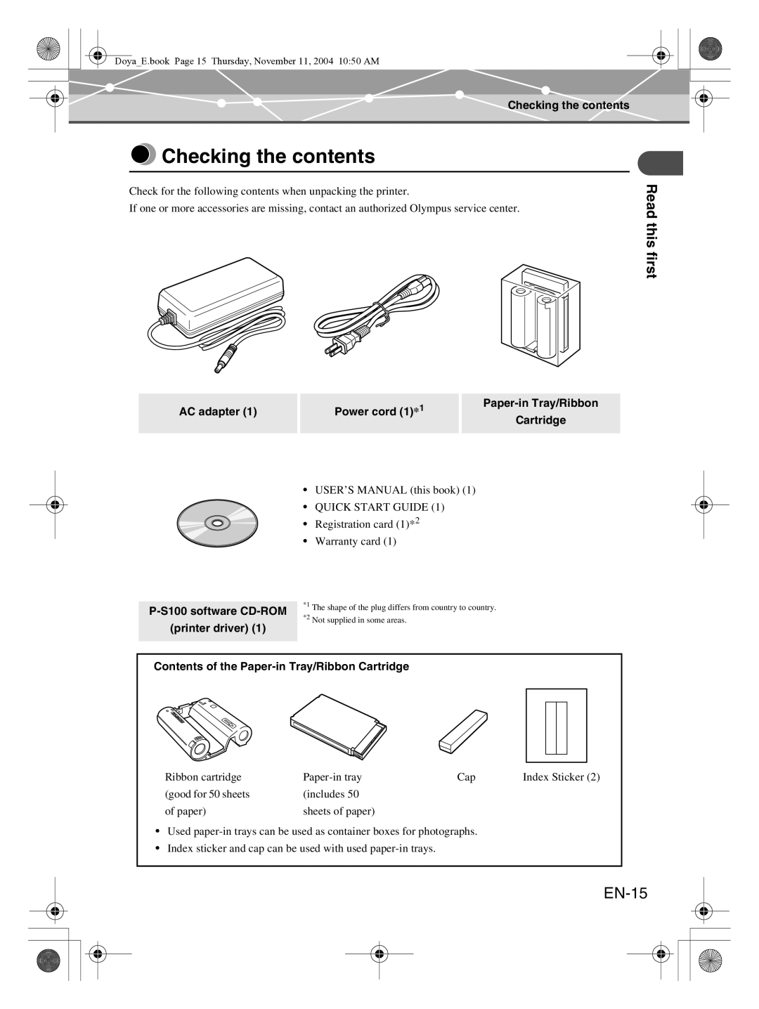 Olympus P-S100 user manual Checking the contents 