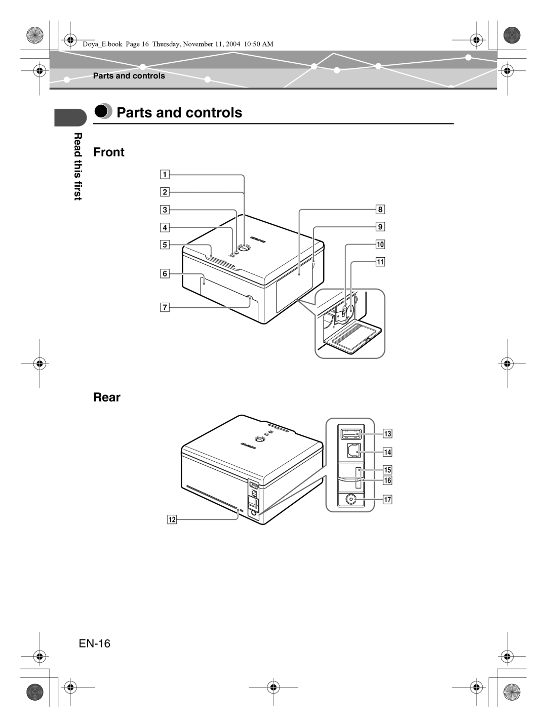 Olympus P-S100 user manual Parts and controls, Front, Rear, EN-16 