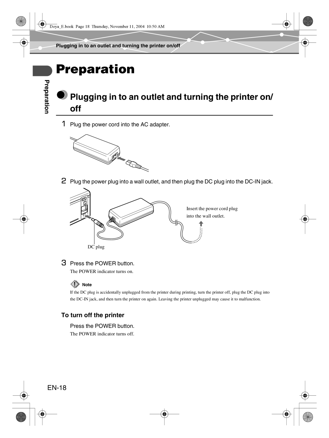 Olympus P-S100 Preparation, Plugging in to an outlet and turning the printer on/ off, EN-18, To turn off the printer 