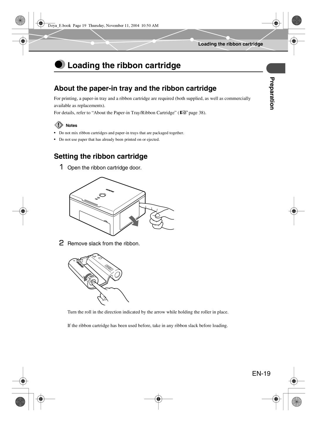 Olympus P-S100 user manual Loading the ribbon cartridge, About the paper-in tray and the ribbon cartridge, EN-19 