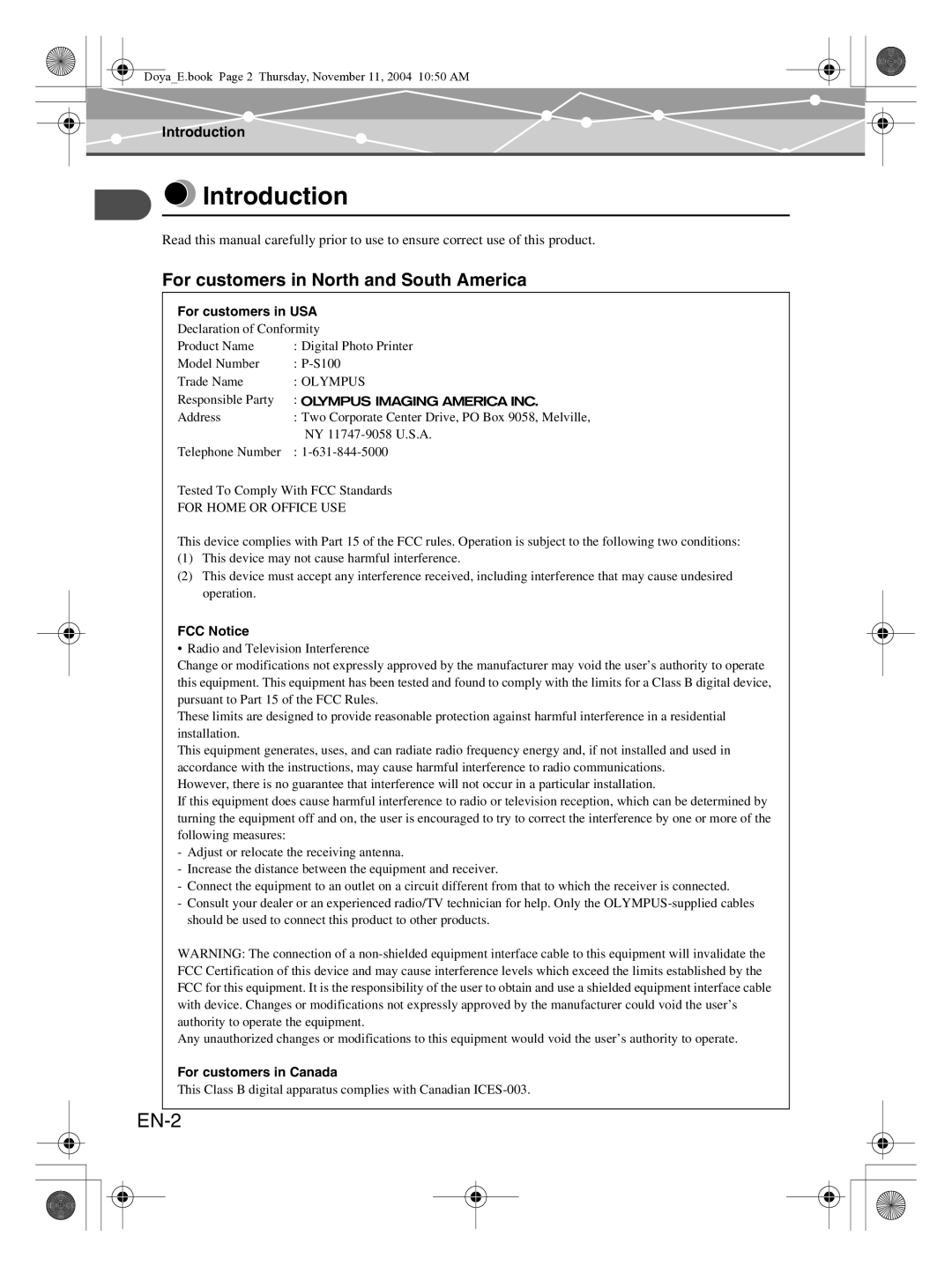 Olympus P-S100 user manual Introduction, EN-2, For customers in North and South America 