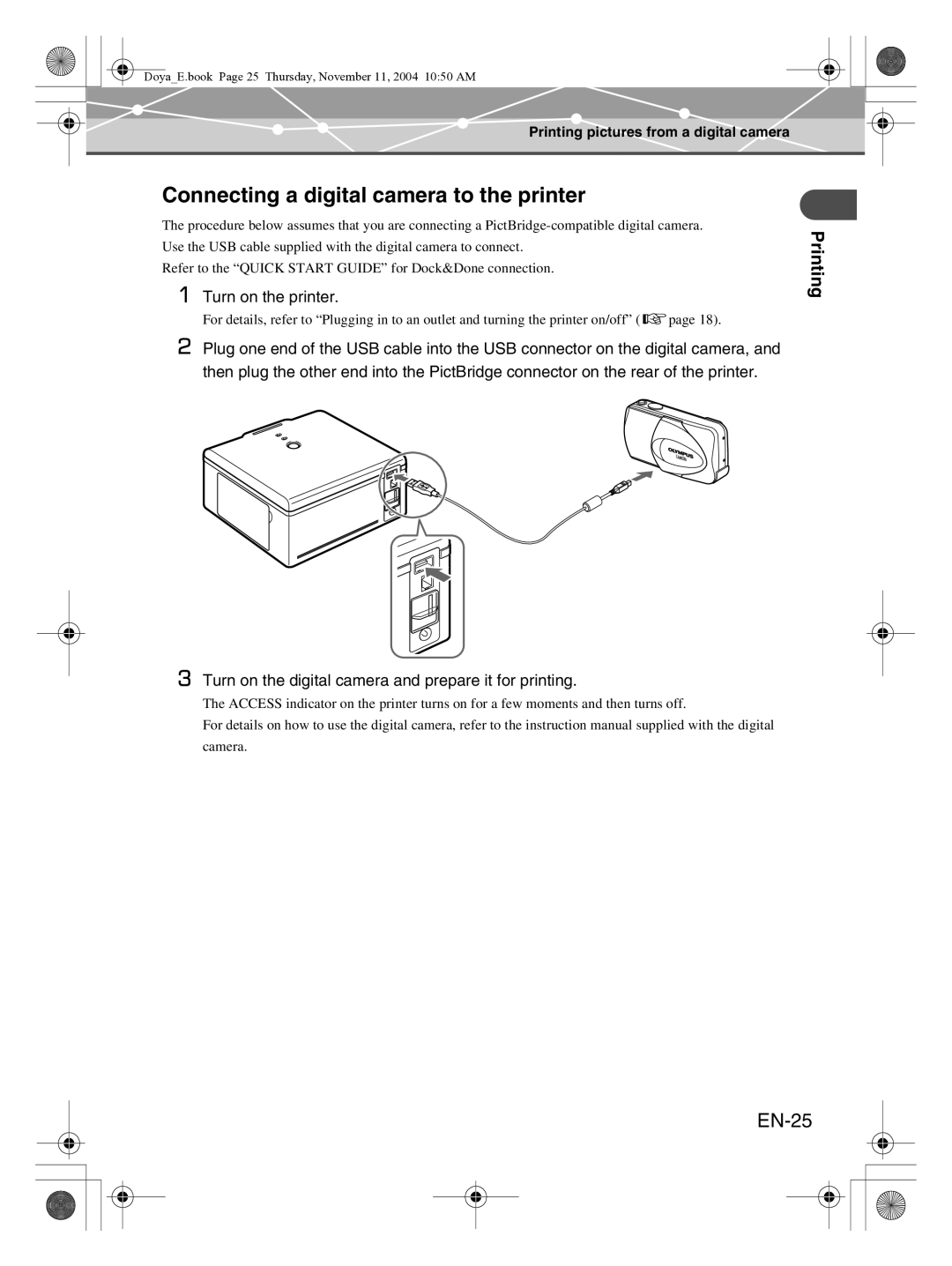 Olympus P-S100 user manual Connecting a digital camera to the printer, EN-25 