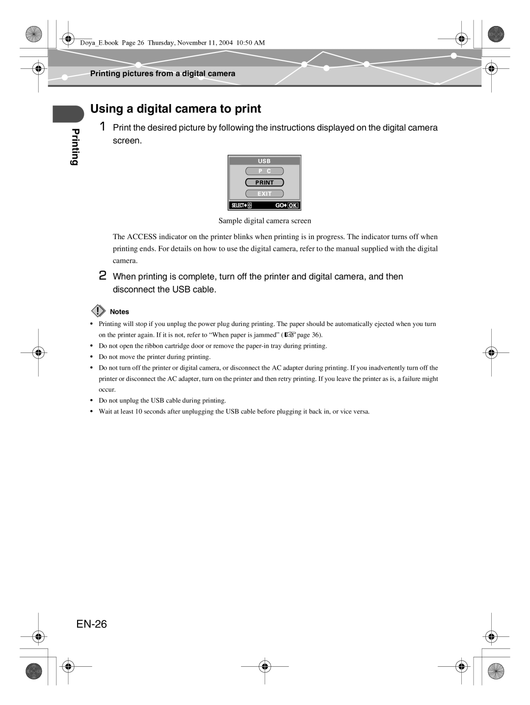 Olympus P-S100 user manual Using a digital camera to print, EN-26 