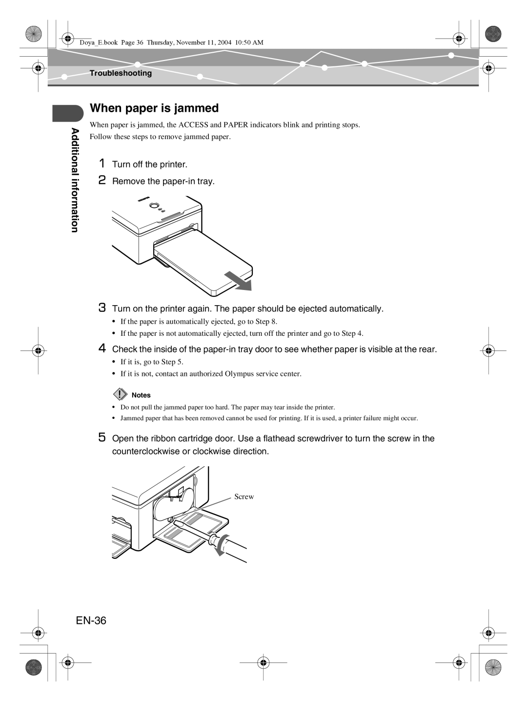 Olympus P-S100 user manual When paper is jammed, EN-36 